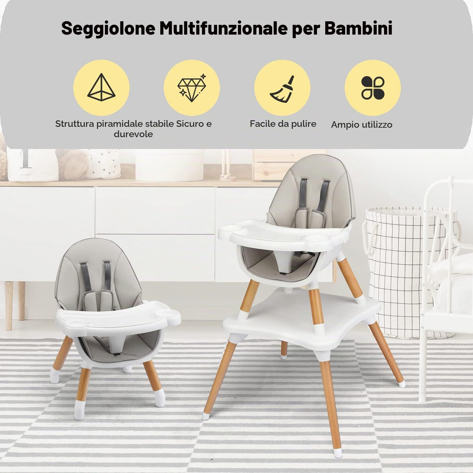 LIFEZEAL Seggiolone Pappa, Sediolone Evolutivo per Bambini 6-36 Mesi, Seggioloni di Rialzo Trasformabile in Tavolino e Sedia, con Cintura di Sicurezza e Vassoio Rimovibile, Sediolone (grigio)