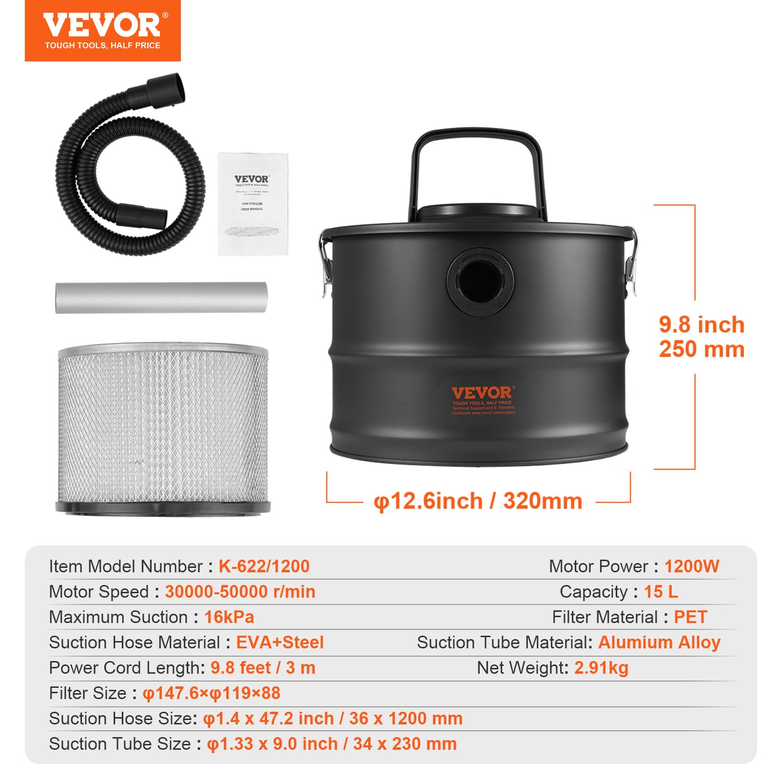 VEVOR Aspirador de Cenizas, 15 L, Potente Succión de 1200 W, con Succión Inversa, Cable de Alimentación de 3 m, 16 kPa de Aspiración Máxima, para Chimeneas, Estufas de Pellets, 320 x 315 x 250 mm