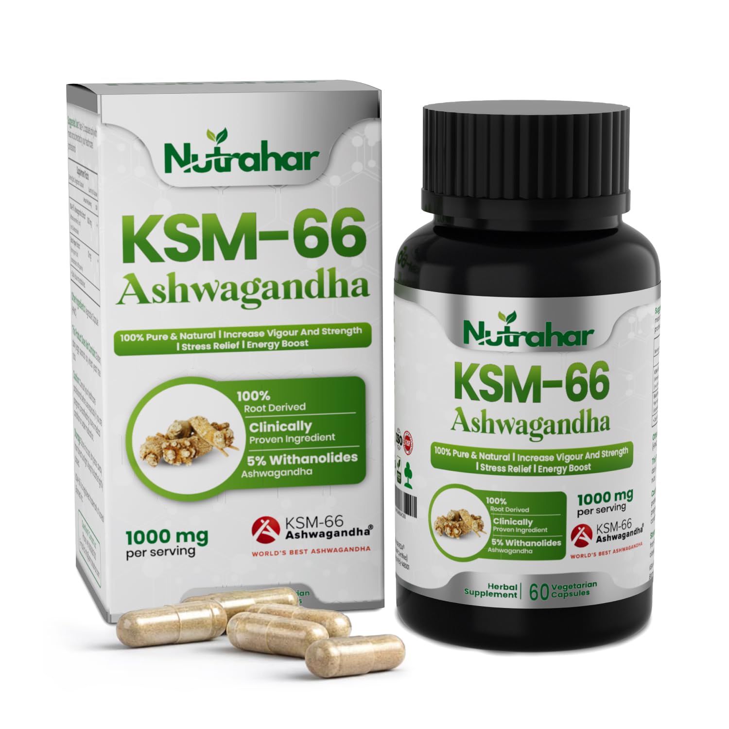 [BRSRGEAEBENBGD3K] KSM-66® Ashwagandha 1000mg - 60 Veg. Capsules | High Absorption formula for Max Results | Support Stress Relief, Vigour, Energy, Stamina & Mood Support | Clinically Proven 100% Pure Root Extract | World’s Best ashwagandha ksm66