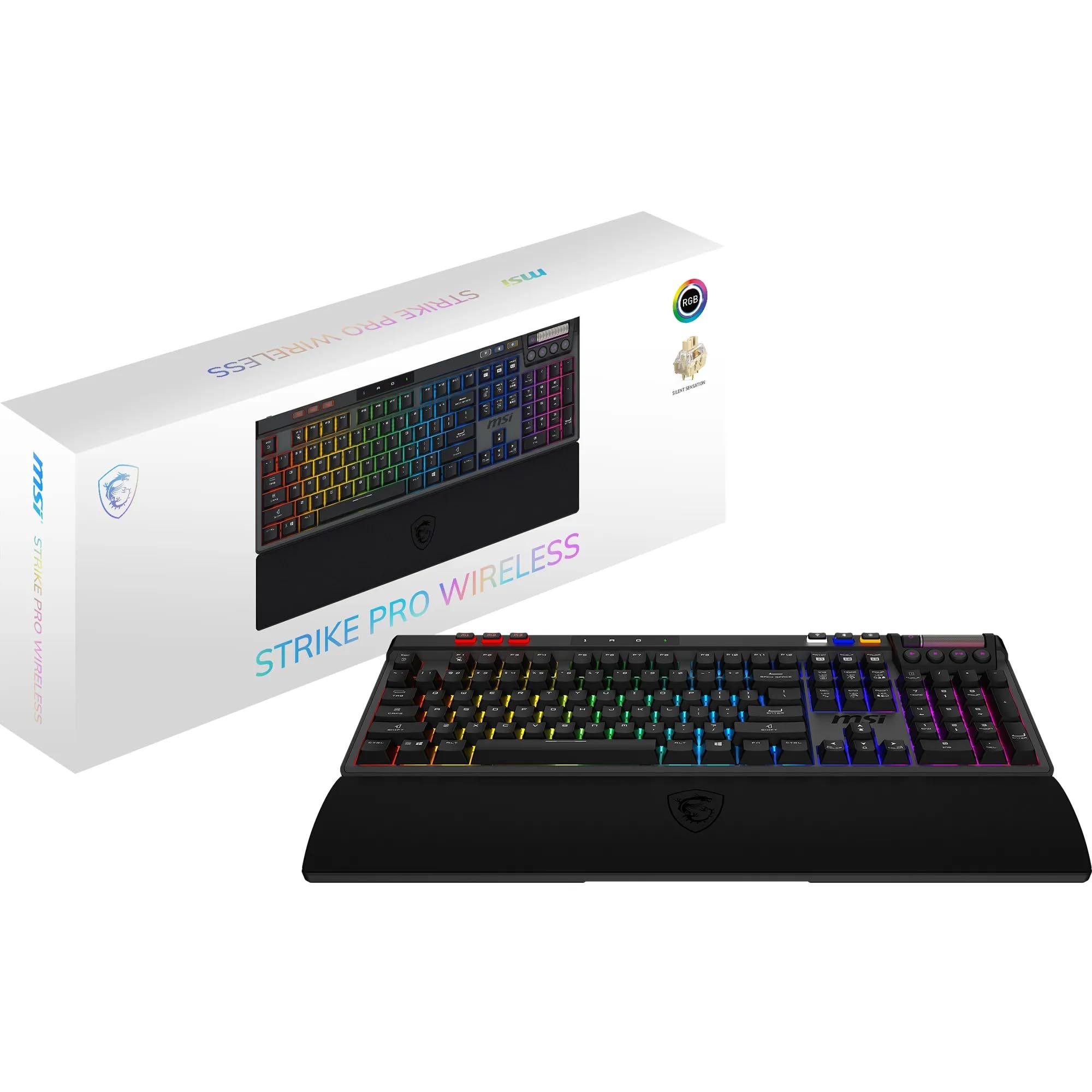 MSI Strike Pro Wireless - Clavier Gaming sans Fil - AZERTY, Disposition FR, switches Silent Tactile remplaçables à Chaud, keycaps PBT, 2.4GHz, Bluetooth, RGB Mystic Light par Touche, Batt 4200mAh