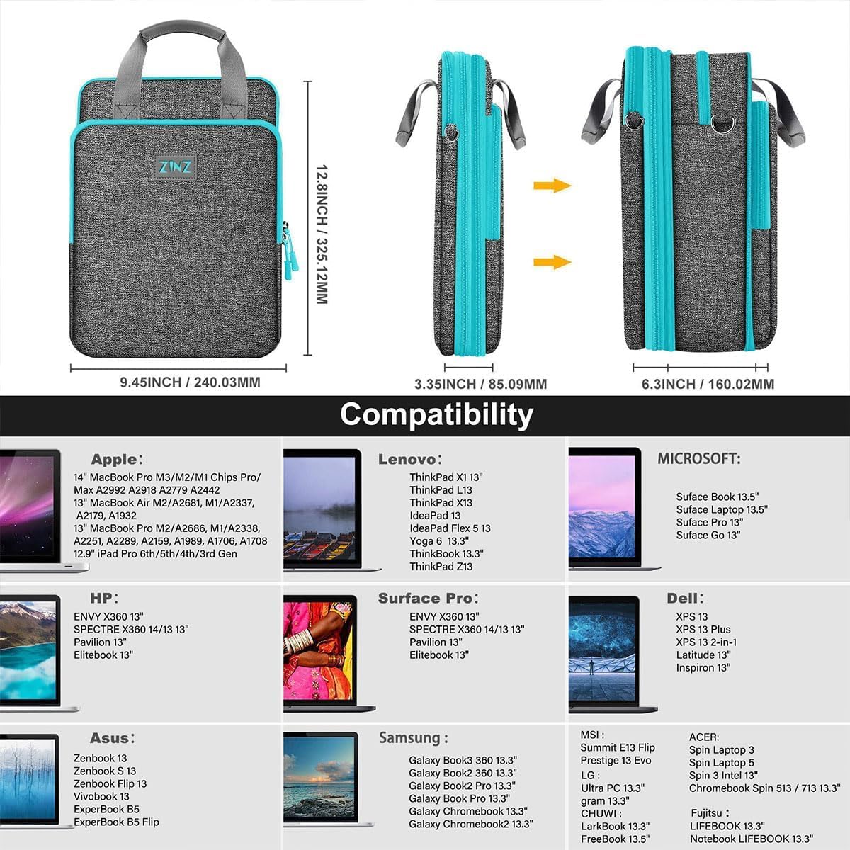 ZINZ Funda delgada y expandible de 12.9 y 13 pulgadas para MacBook Air de 13 pulgadas M4/M3/M2/M1, MacBook Pro de 13 pulgadas M2/M1, iPad Pro de 12.9 pulgadas/13 pulgadas/11 pulgadas, iPad Air de 13