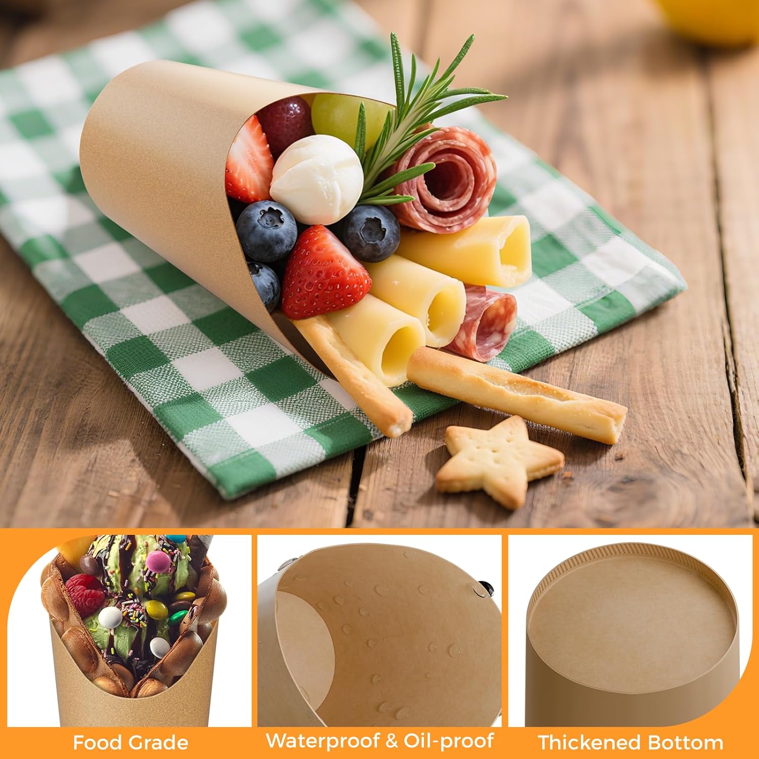 600 Pcs Charcuterie Cups with Sticks Bags Set, 100 Pcs 12 oz Individual Disposable French Fry Holder, Paper Snack Appetizer Cups Kit with 100 Bags, 100 Ties, 100 Lables, 200 Cocktail Skewers Picks