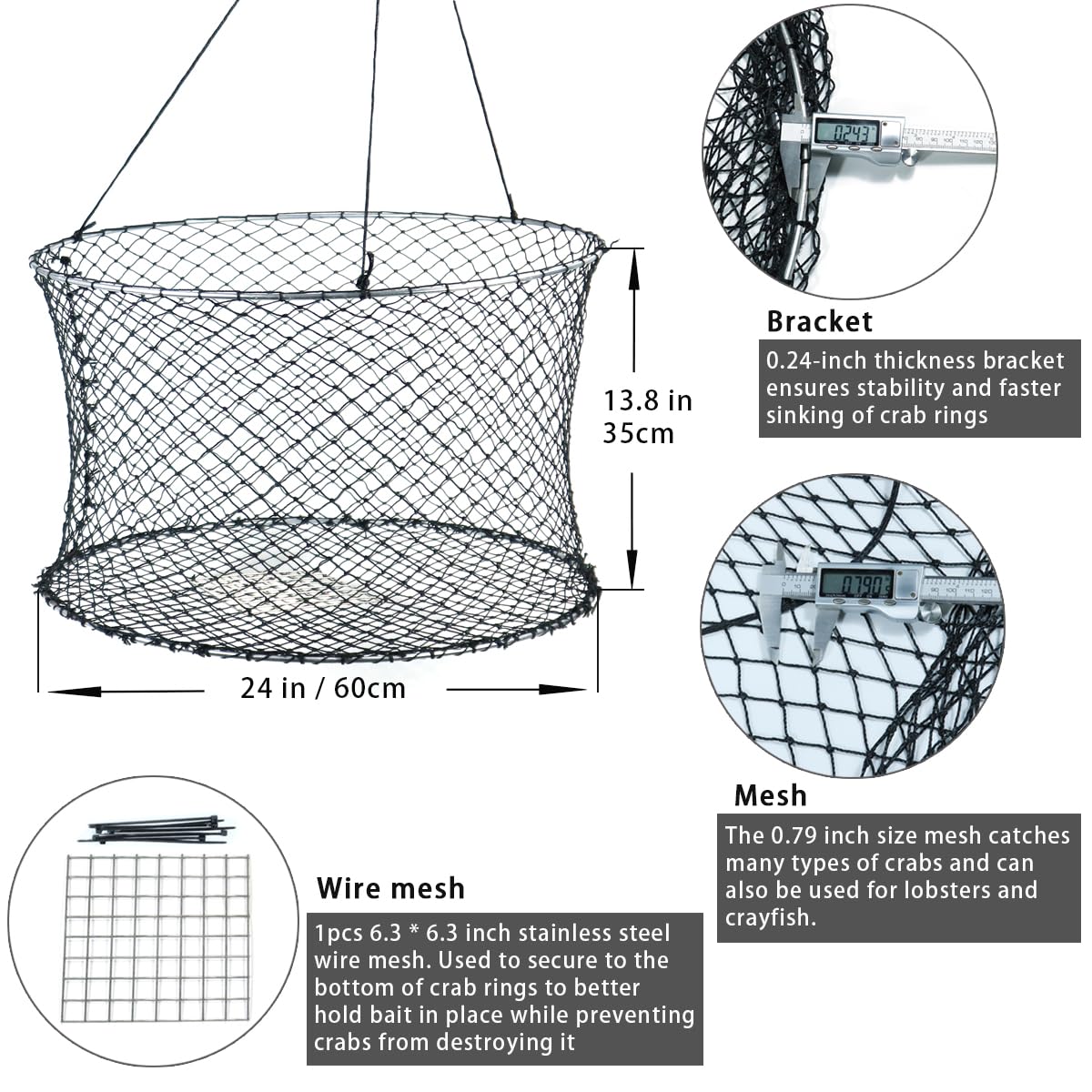 Drasry Crab Ring Trap Two Ring Crab Kit with Harness and Bait Clip Fishing Crabbing Net for Board Kayak Dock and Pier Net 24 * 24 * 13.78 in 1PCS