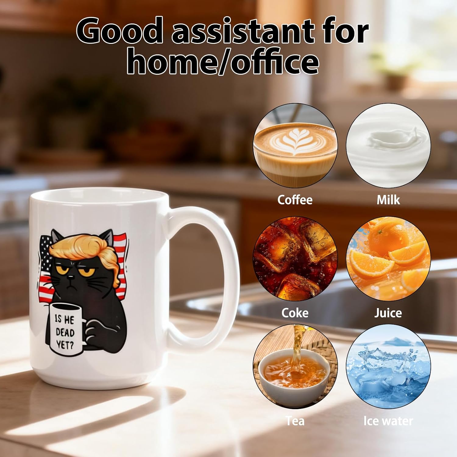 Is He Dead Yet Coffee Mug, 15 oz Ceramic FDT Cup, Fuck Trump Mug, Coffee Cups, Black Cat, Gifts for Coworkers, Funny Gifts for Liberal，Halloween Decorations