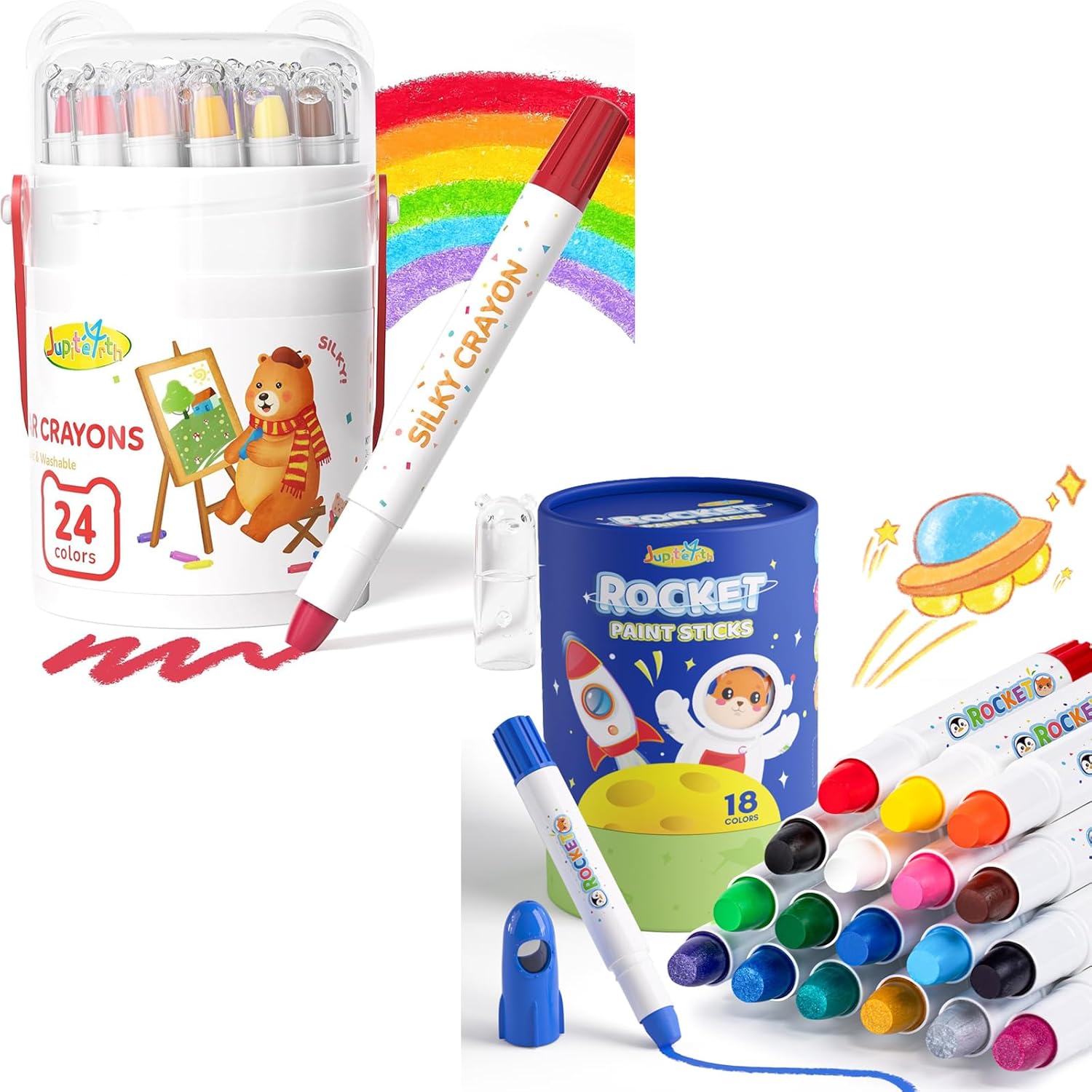 JUPITEARTH 24 Color Twist Crayons for Toddlers 1-3 and Kids 4-8 + 18 Colors Washable Rocket Tempera Paint Sticks for Kids