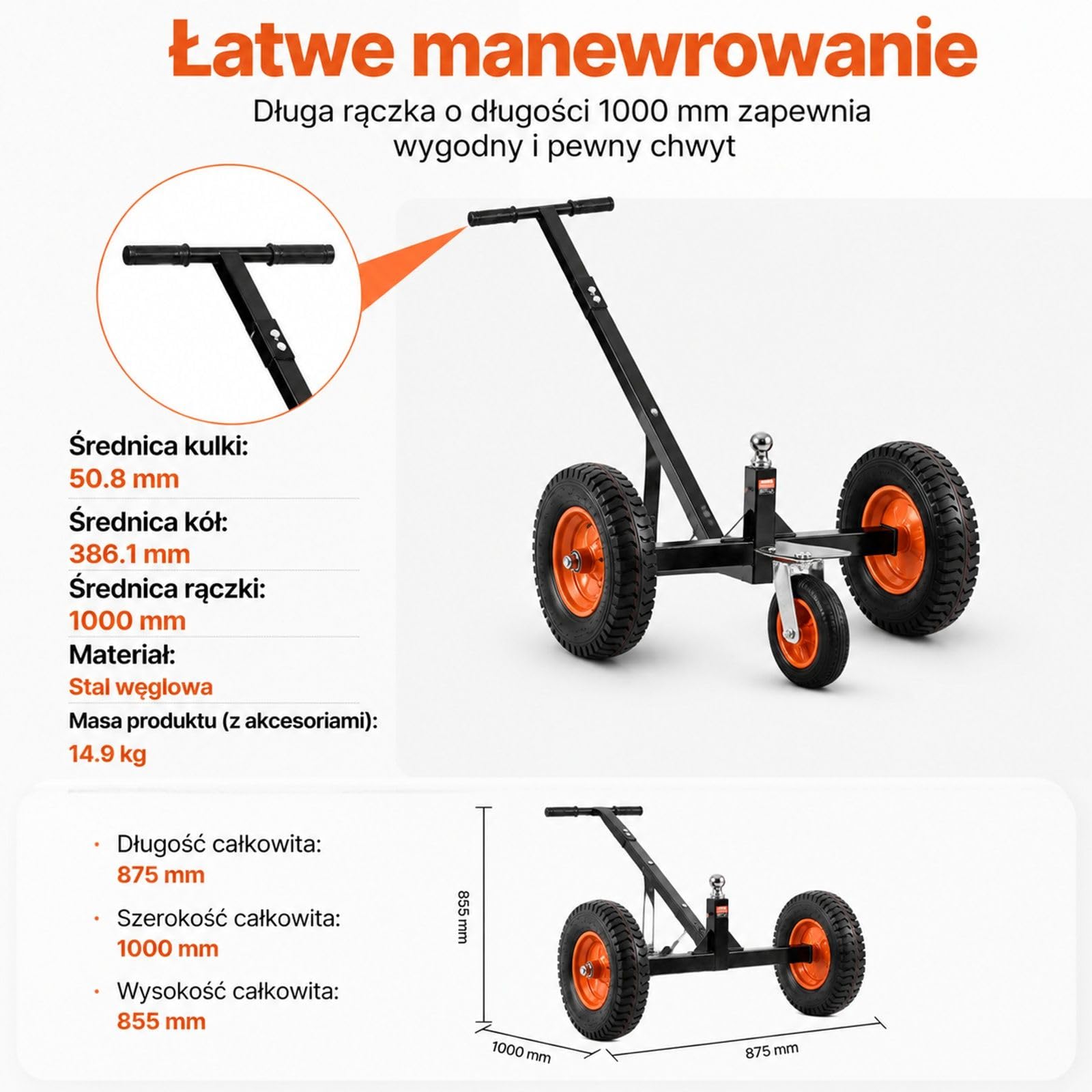 Wózek manewrowy do przyczep z regulowaną kulą holowniczą i jednym kołem, ręczna pomoc dla kempingu, łodzi, lawety