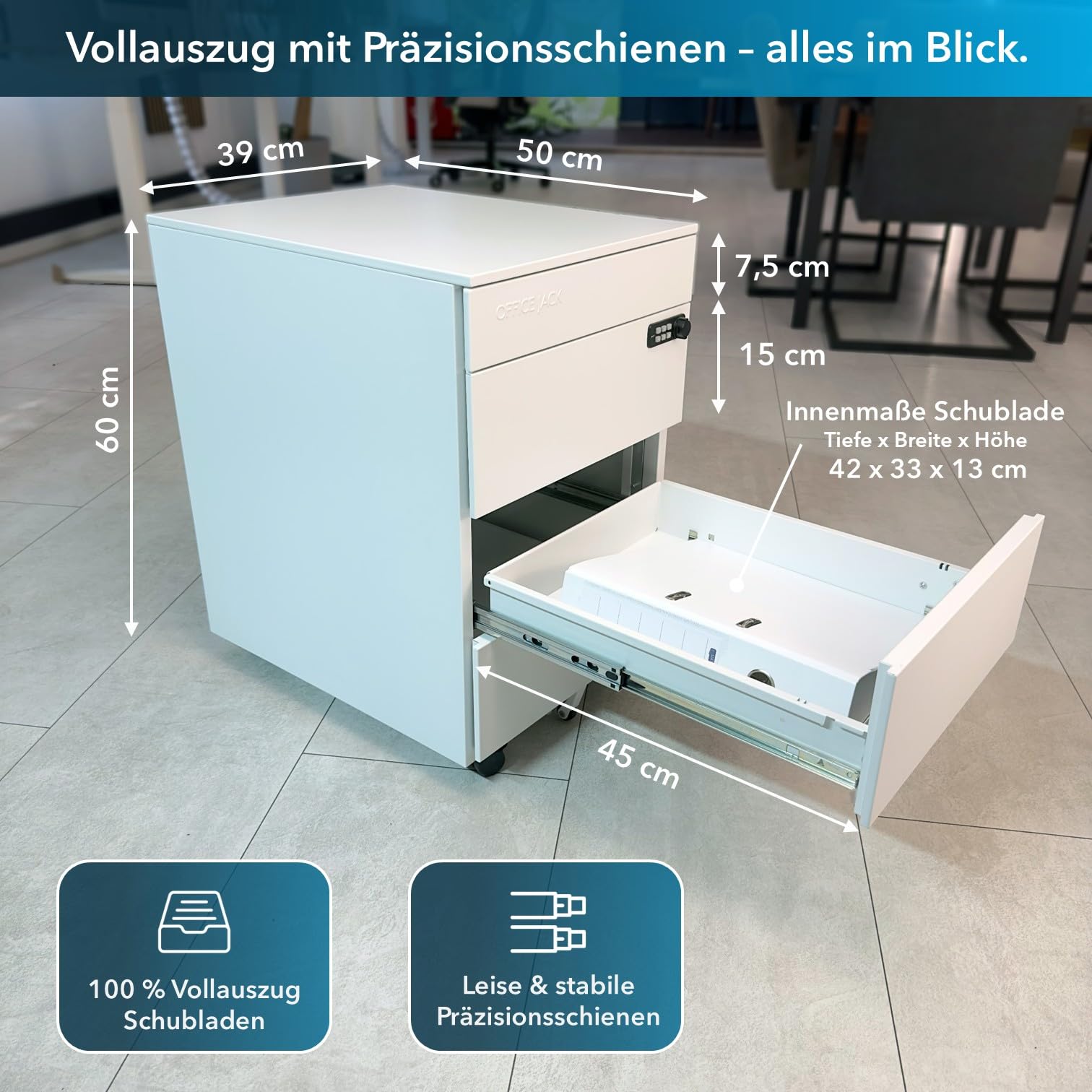 Metall Rollcontainer abschließbar 50 x 39 x 60 cm Weiß Büroschrank Schreibtisch