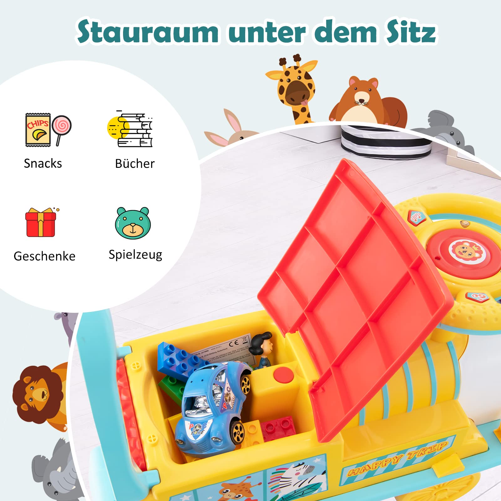 GOPLUS Kinder Elektro Zug, Kinderfahrzeug mit 16 STK. Schiene Set, 6V Kinder Aufsitz mit Licht, Musik, Zugpfeife & Stauraum, Elektro Kinderauto für Jungen & Mädchen ab 3 Jahren (Blau)