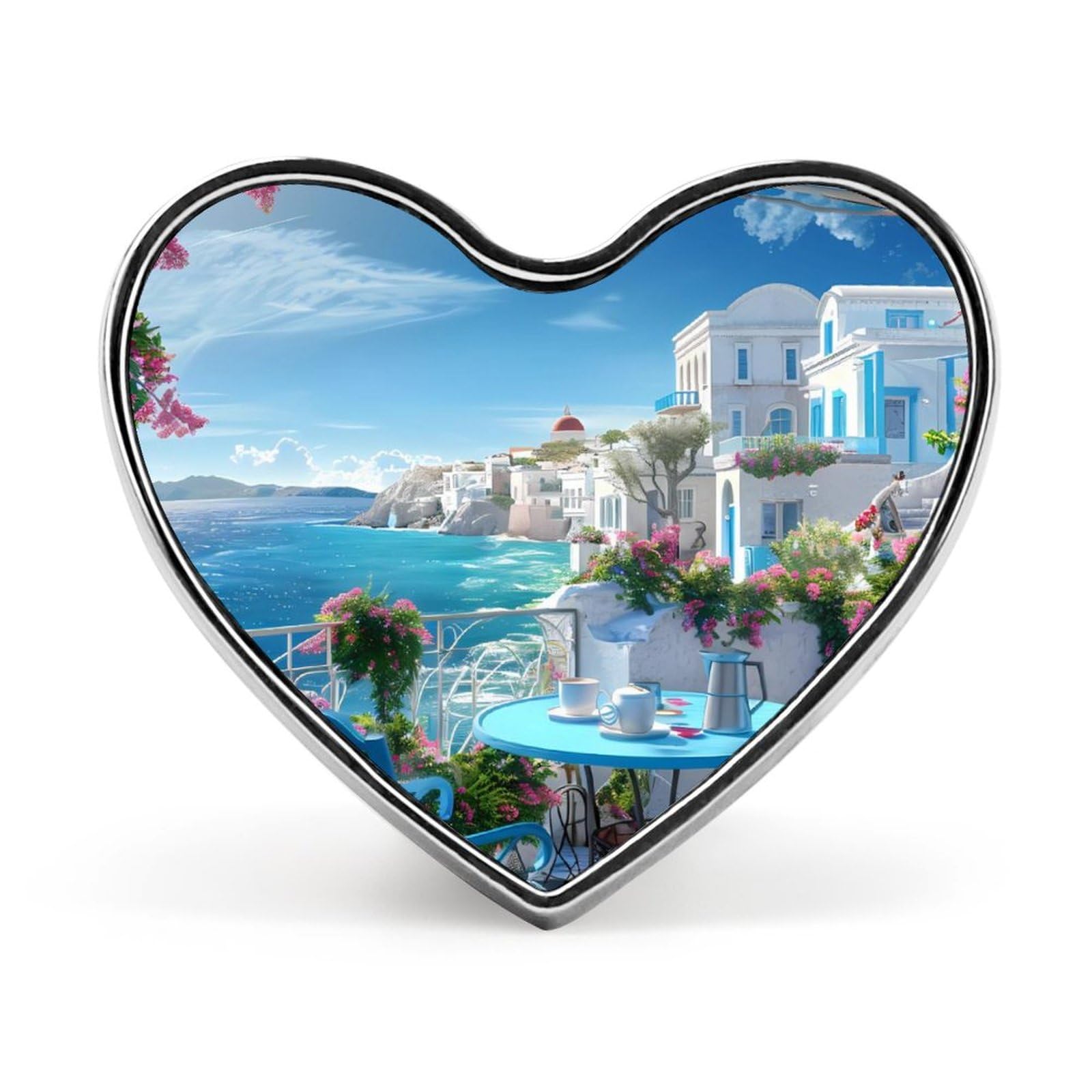 Greek Coffee in Santorini Print Badge Pin Heart Brooch Lapel Pins Collar Pins for Dress Jacket Backpack Decor