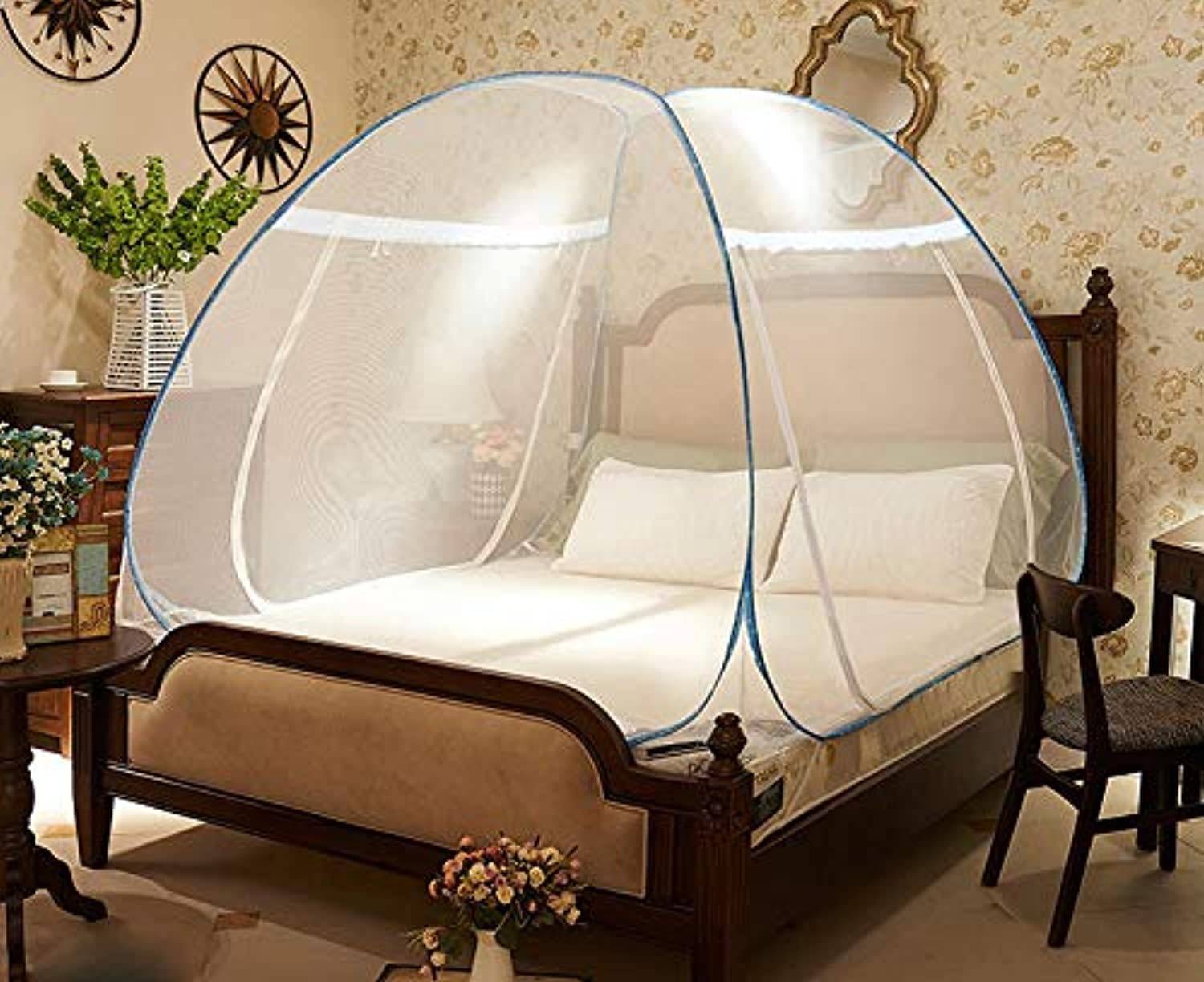 Classic Polyester Fold-able Double Bed Mosquito Net - 180 x 200cm (White and Blue)