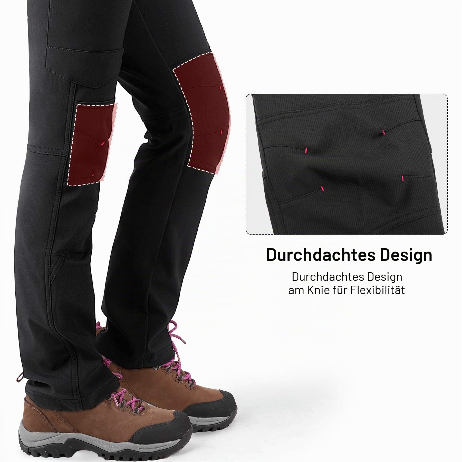 KUTOOK Wanderhose Damen Winter Gefüttert Warm Wasserabweisend Winddicht Outdoorhose 6 Taschen YKK Reißverschluss Softshellhose Trekkinghose Schwarz HP312