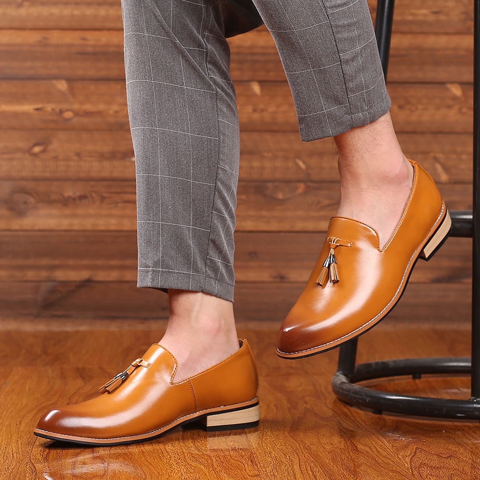 Mocasines clásicos con borlas para hombre, zapatos de vestir elegantes de piel sintética para negocios, bodas, fiestas, Amarillo, 39 1/3 EU