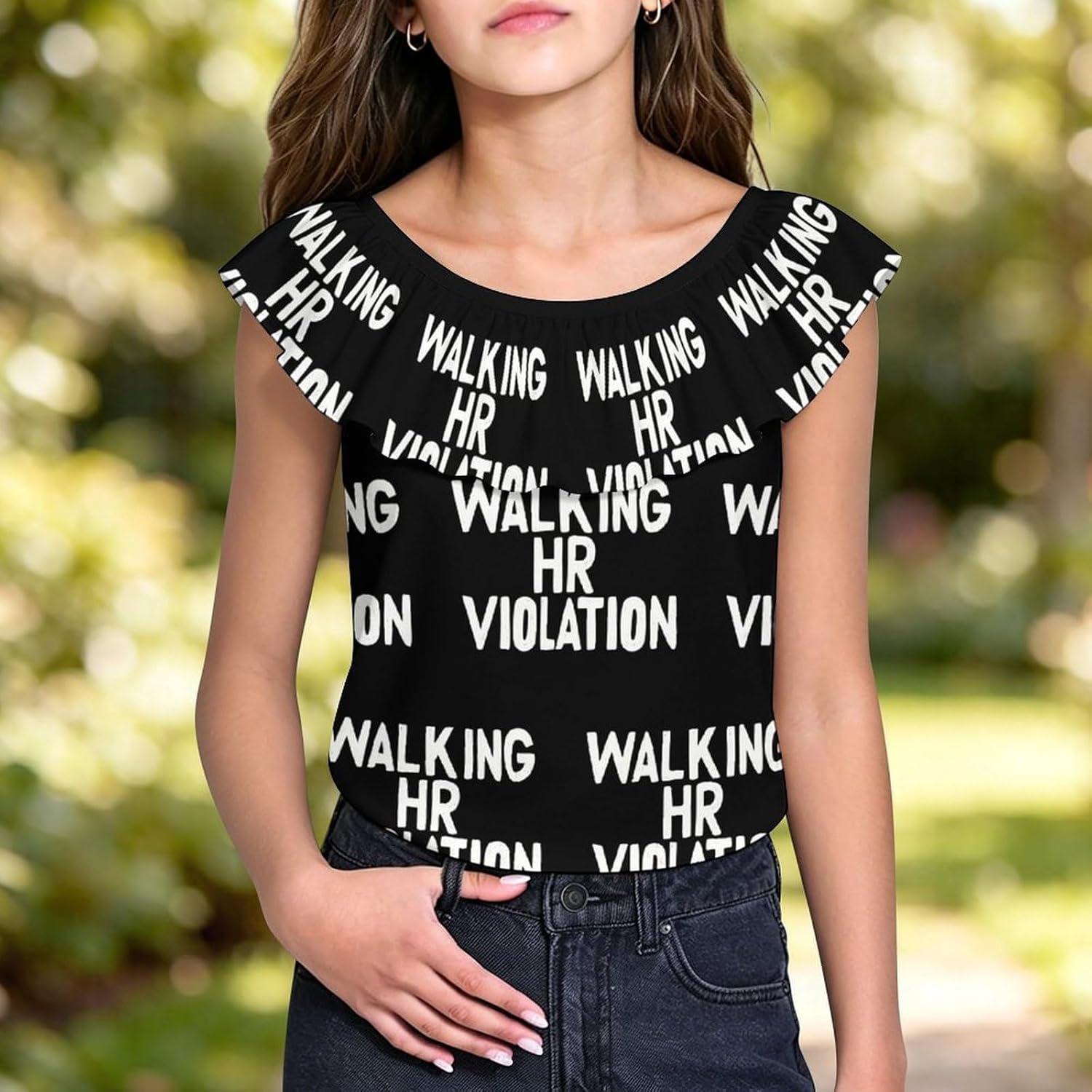 Walking HR Violation Girls T-Shirts Top Ruffle Short Sleeve Blouse Casual Graphic Tees