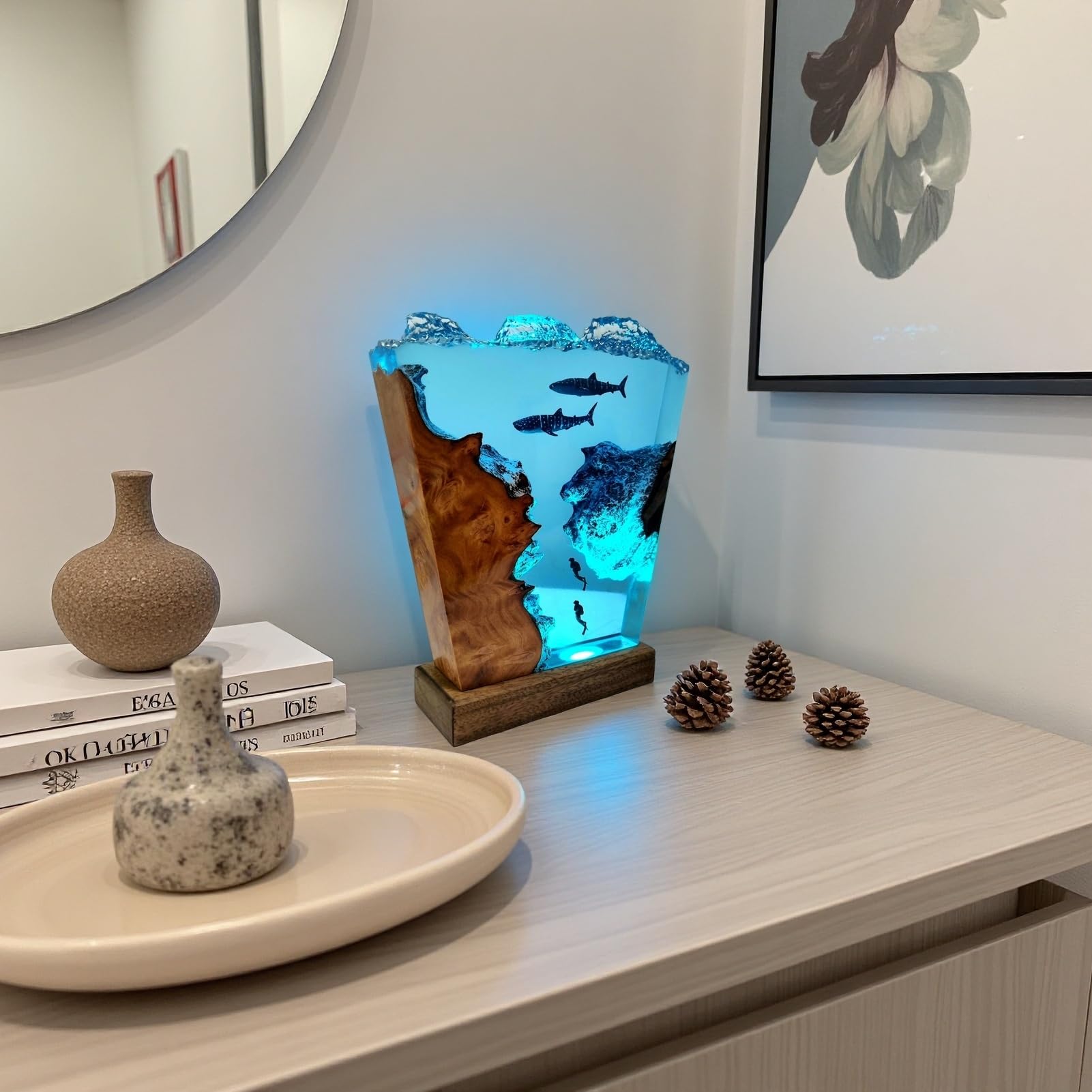 Drawelry Luce Notte Resina Epossidica Paesaggio Sottomarino 3D Artigianale, Decorazion Casa Base Legno, Mini Acquario Marino con Animali Marini Lampada per Cameretta Soggiorno Ufficio (A9)