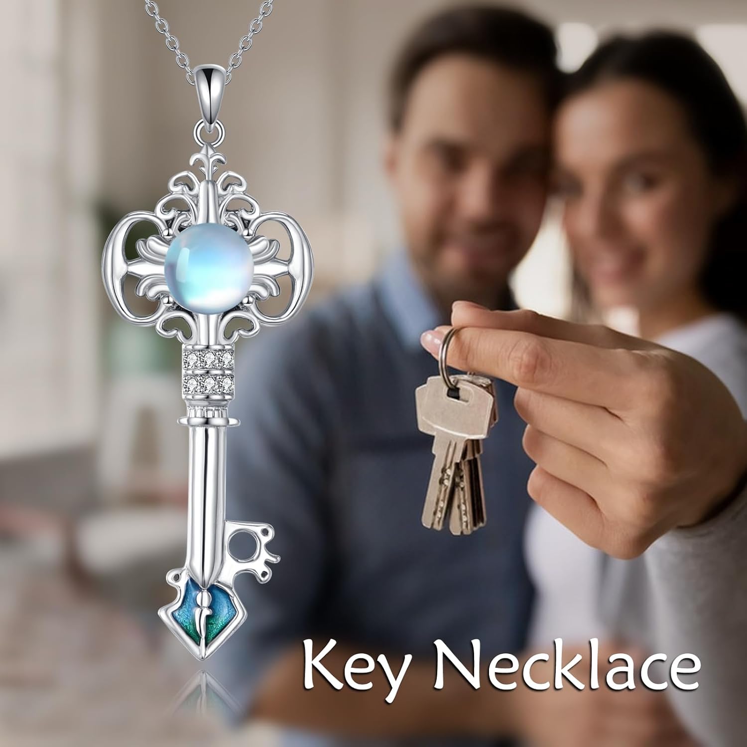 Key Necklace 925 Sterling Silver Moonstone Pendant Necklace Heart Key Necklace Jewelry Gifts for Women - Image 3