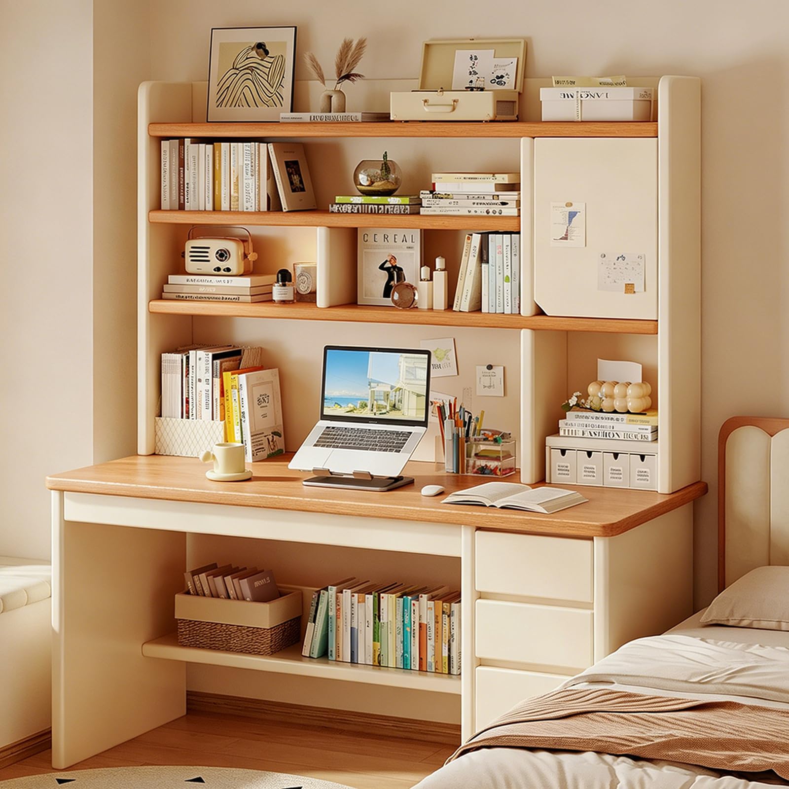 Mescxty A Wooden Computer Desk,Student Learning Table With Drawers,Hutch, Filing Cabinet,Compartment,External Shelving,Writing Desk Workstation For Home Office(100X50x161.5cm(39X20x64inch), )