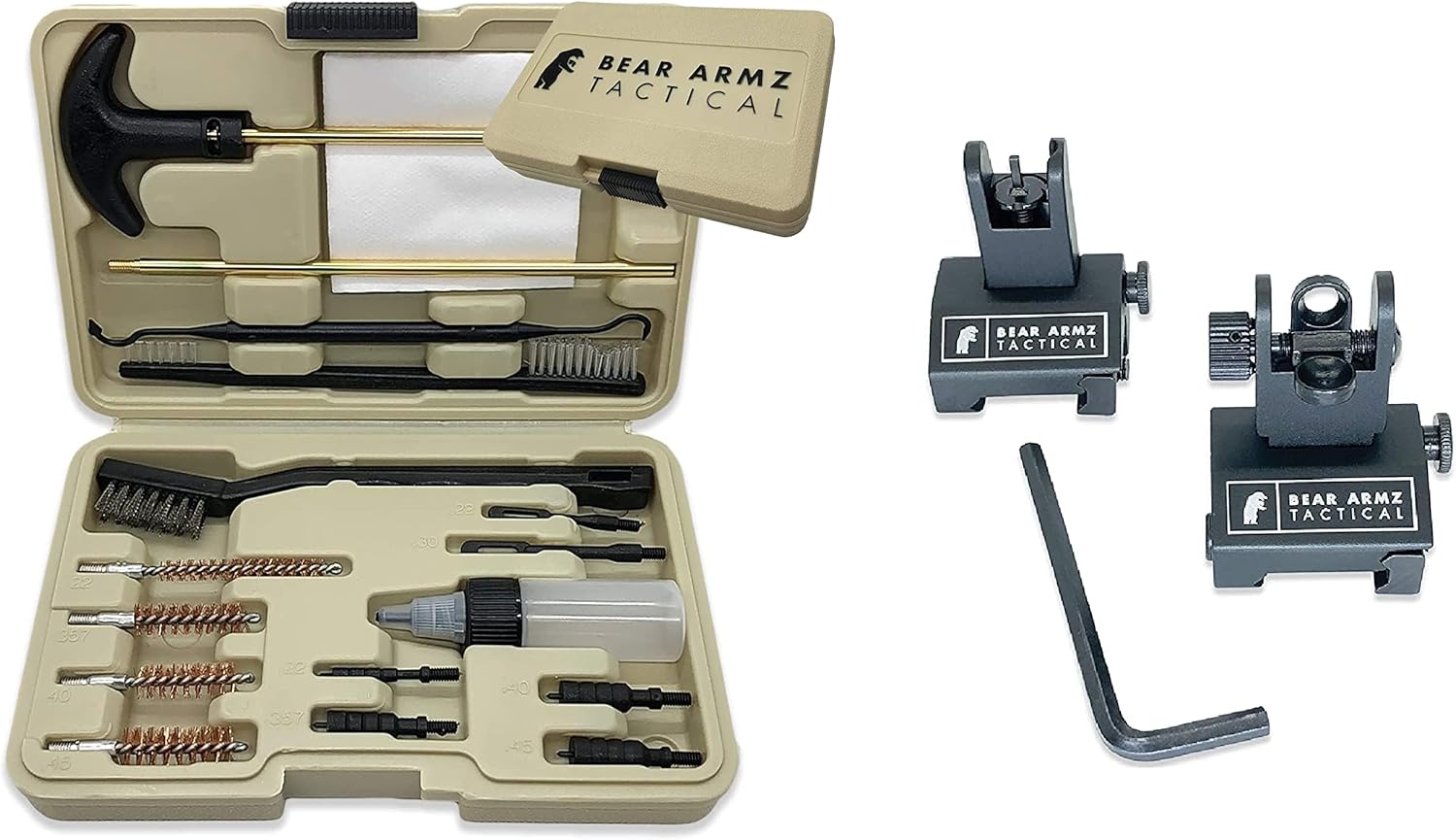 Flip Up Iron Sights | Co-Witness | Spring Loaded | Low Profile | Rapid Transition Front & Rear Iron Sights & Bear Armz Tactical Universal Handgun Cleaning Kit | American Company | Gun Cleaning Kit