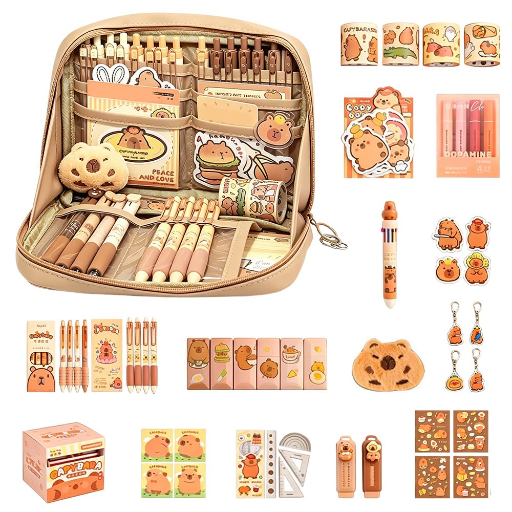 Capybara Stationery Set, 53 Pcs Capybara Pencil Case, Capybara Stationery Gift Set, Large Capacity Pencil Case with Capybara Pens Stickers Sticky Notes and More for Boys Girls Kids Students School