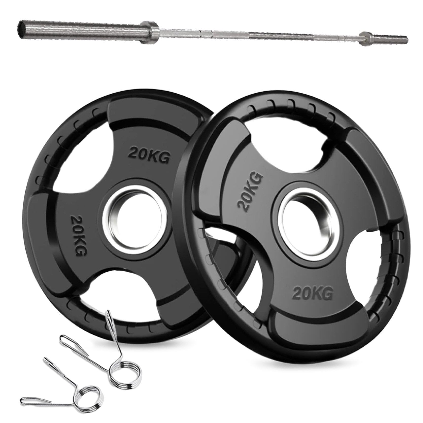 Rubber-Coated Tri-Grip Olympic Weight Plates – 2" Cast Iron Core with Protective Rubber – Individual Plates & Sets (1.25kg to 100kg) – Home & Commercial Gym