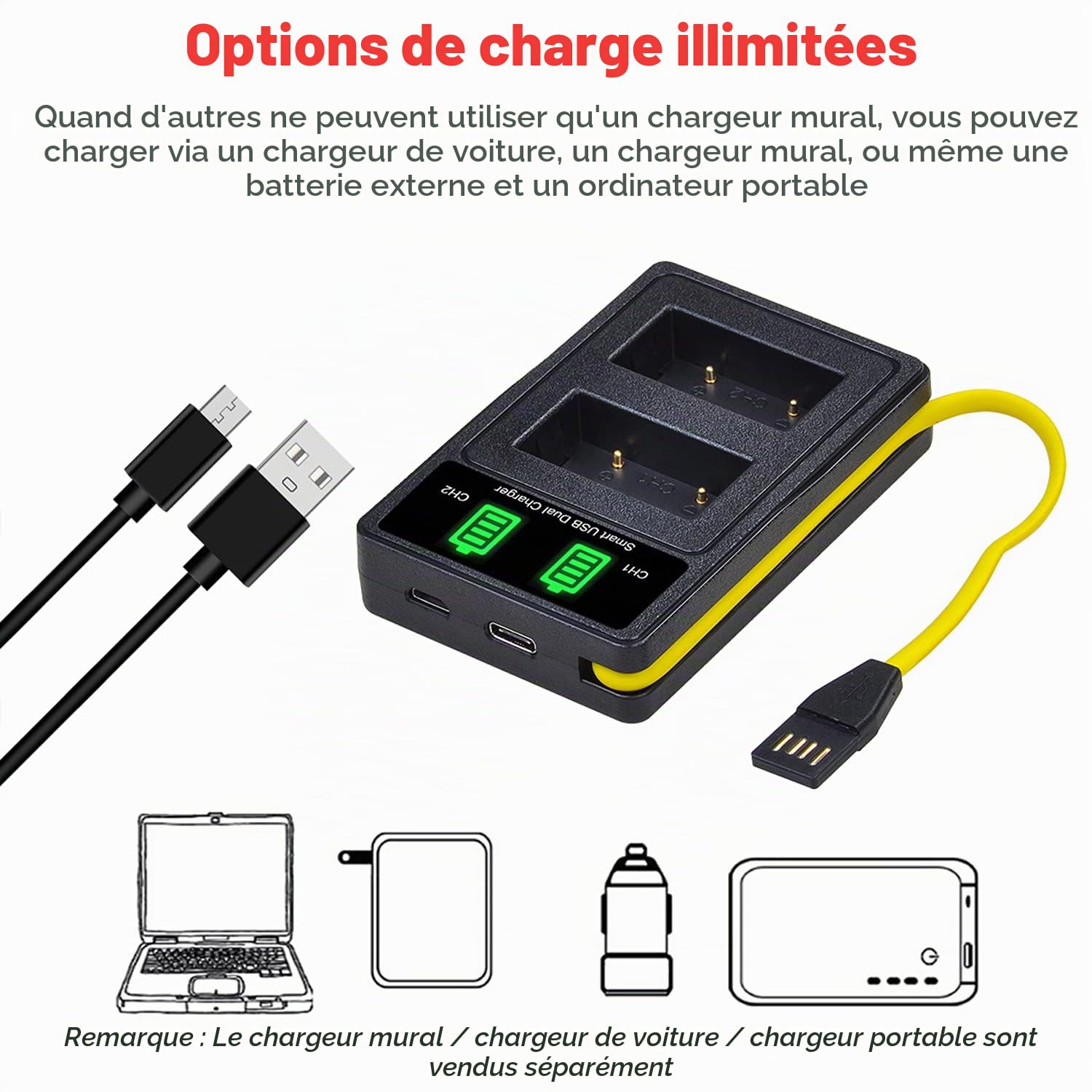 Batterie DuraPro 2Pcs NB-2L NB-2LH + Chargeur USB Double Remplacement pour Canon EOS 350D 400D MD265 MV960 PowerShot G7 G9 S70 S80 ZR950 ZR960 HG10 HV40 Caméras