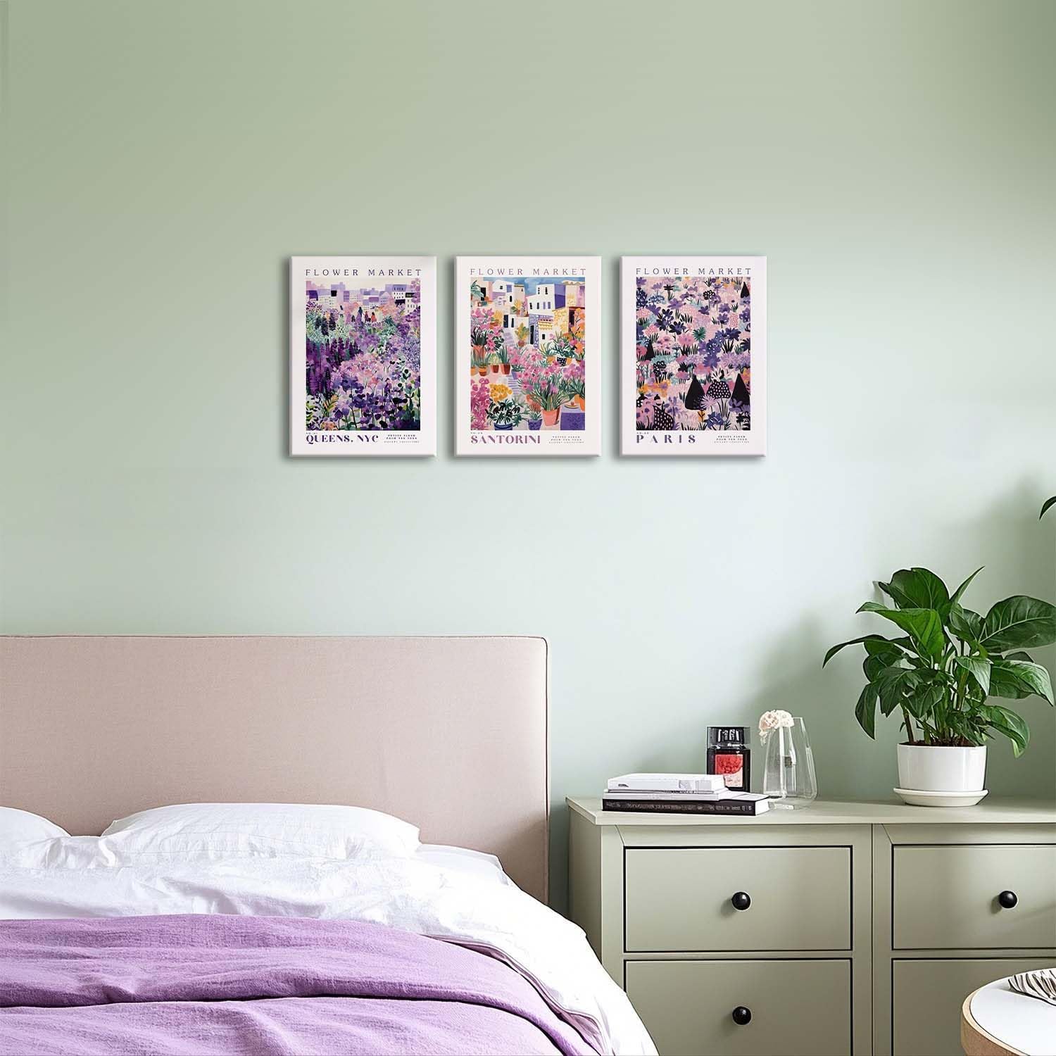 XLARTMY Flower Market Wall Art Prints Canvas Purple and Pink Floral Paintings Colorful Botanical Travel Flower Posters for Home Decor Pictures Set of 3 for Living Room Bedroom 12x16in image 4