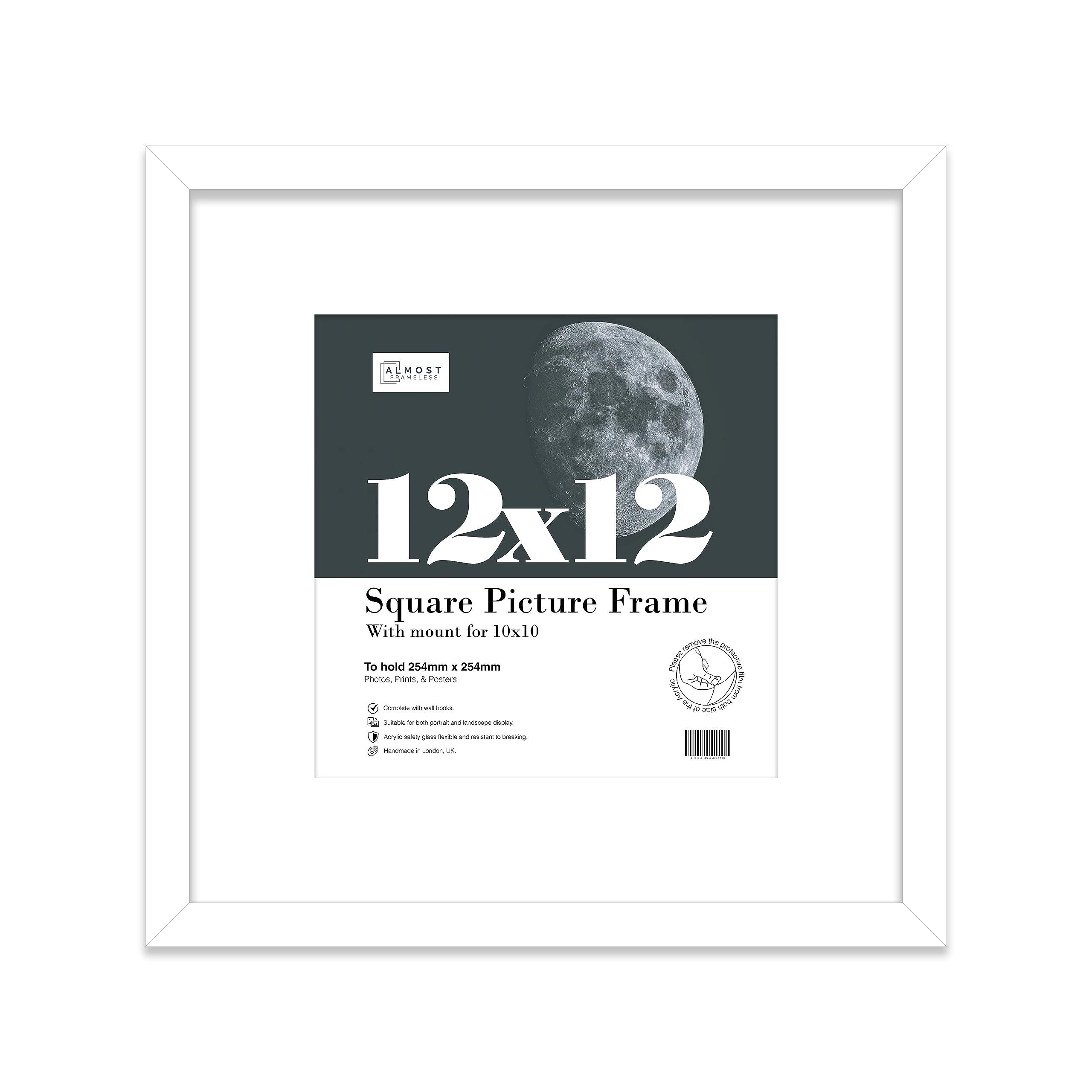 12x12 White Picture Frame with Mount for 10x10 Photos, Prints - Modern Square Wall Frame, 1 Pack