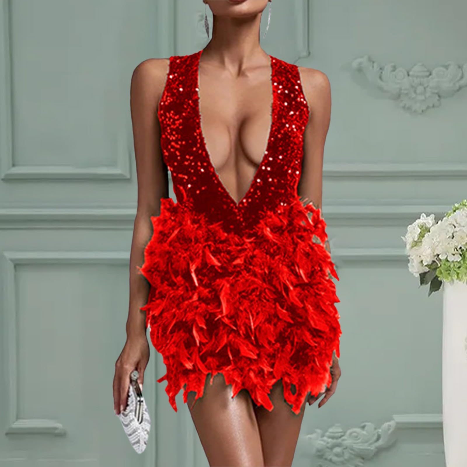 Jupe à Paillettes et Plumes pour Femme avec Dos Nu et décolleté en V Profond Jupe Plissée Courte Sexy