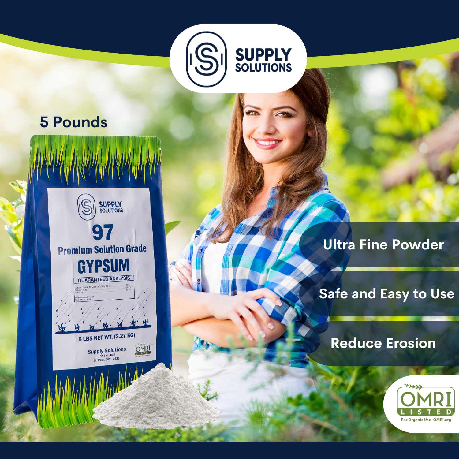 Supply Solutions Premium 97 Solution Grade Gypsum - Fast Acting Gypsum for Soil - Organic Calcium Sulfate Dihydrate - Gypsum Powder for Root Growth, Lawns, Mushroom Cultivation (5lbs)