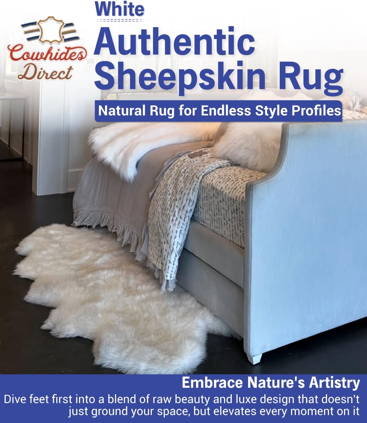 Cowhides Direct Authentic Sheepskin Rug - White Fur Rug for Bedrooms, Chair Throws & More - Fluffy & Soft New Zealand Sheepskin Rugs (2’x3’)