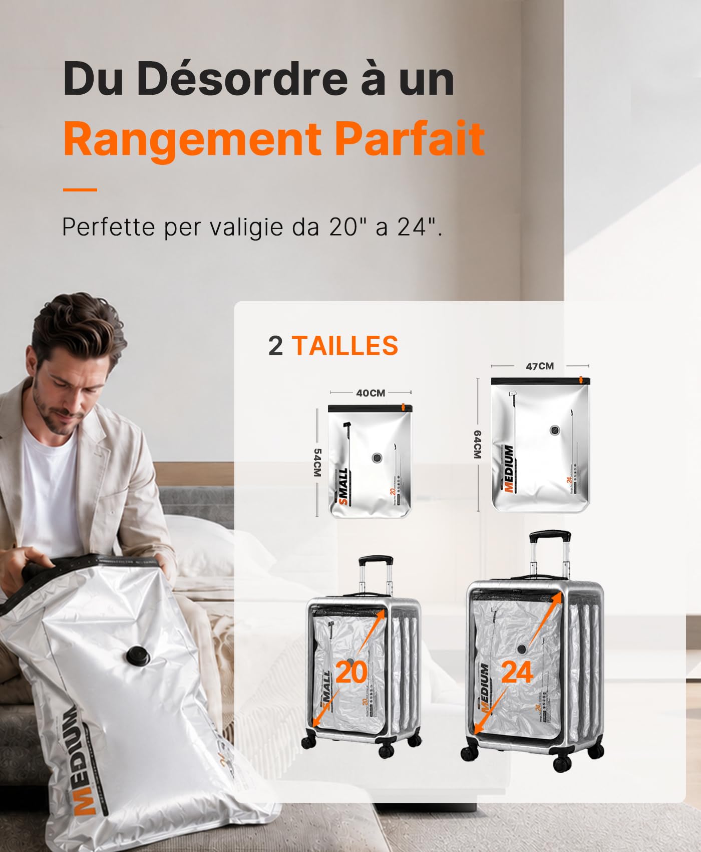 Vacbird 10 Sacs Sous Vide Vetement Aspirateur et Pompe à Vide Rechargeable par USB, 5 x 40x54cm, 5 x 47x64cm, Sac Sous Vide Voyage Résistant–Idéaux pour Voyager et Organiser Vos Bagage