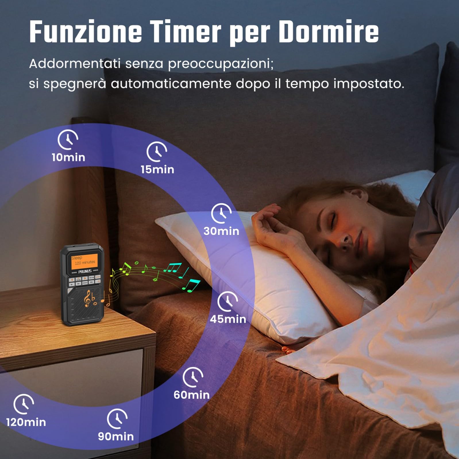PRUNUS J-525 Radio Portatile AM/FM con Connessione per Auricolari Bluetooth, Mini Radiolina Ricaricabile da 2500 mAh, Radio Digitale con Jack per Cuffie, Slot per Scheda TF, Timer di Sonno.