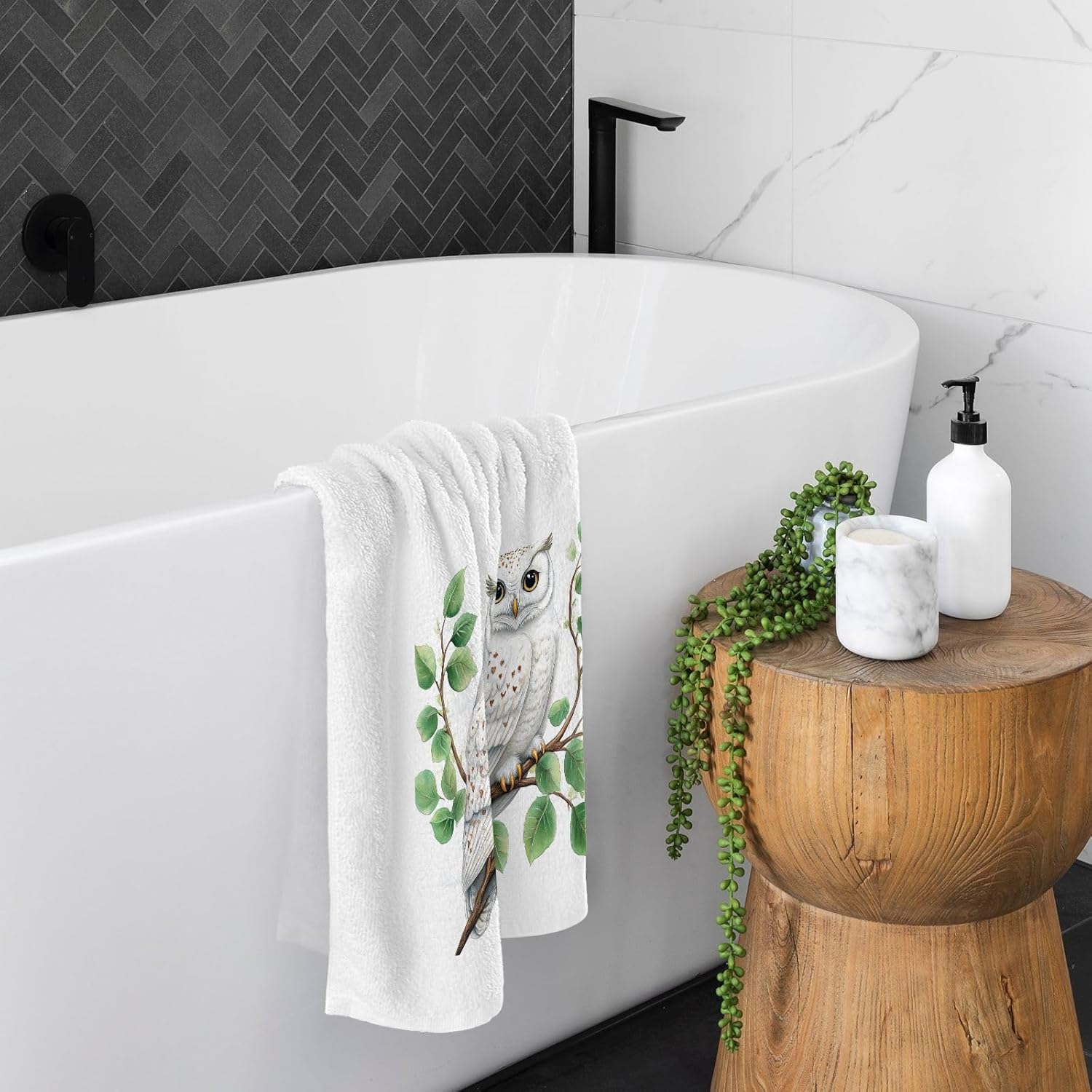 ALAZA Hand Towel Set of 2 100% Cotton Bath Towels White Owl Green Leaves for Bathroom Housewarming Decor Gifts