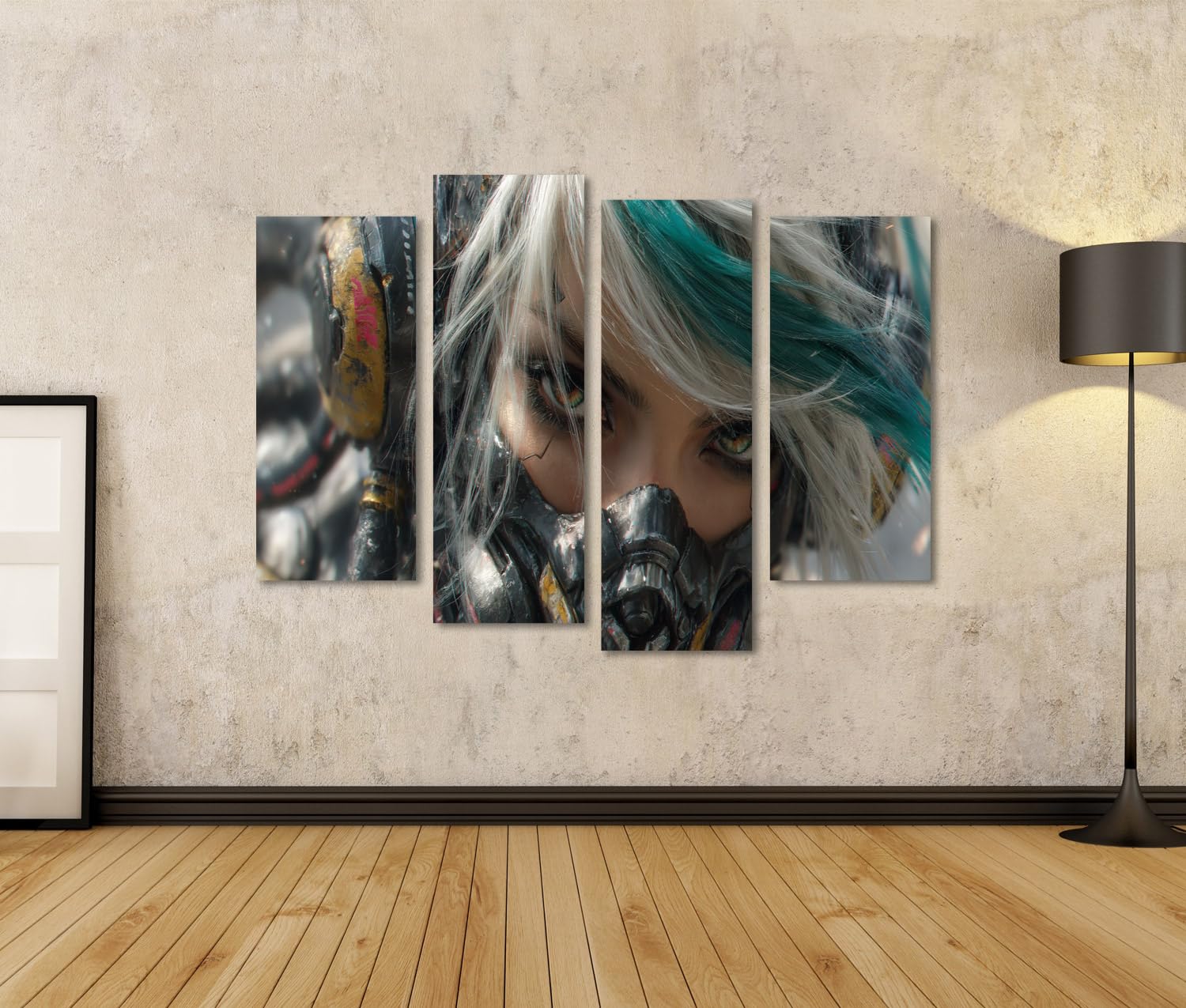 islandburner Quadro su tela Affascinante Cyberpunk-Lady Murale soggiorno per gli appassionati di fantascienza – 4 pezzi