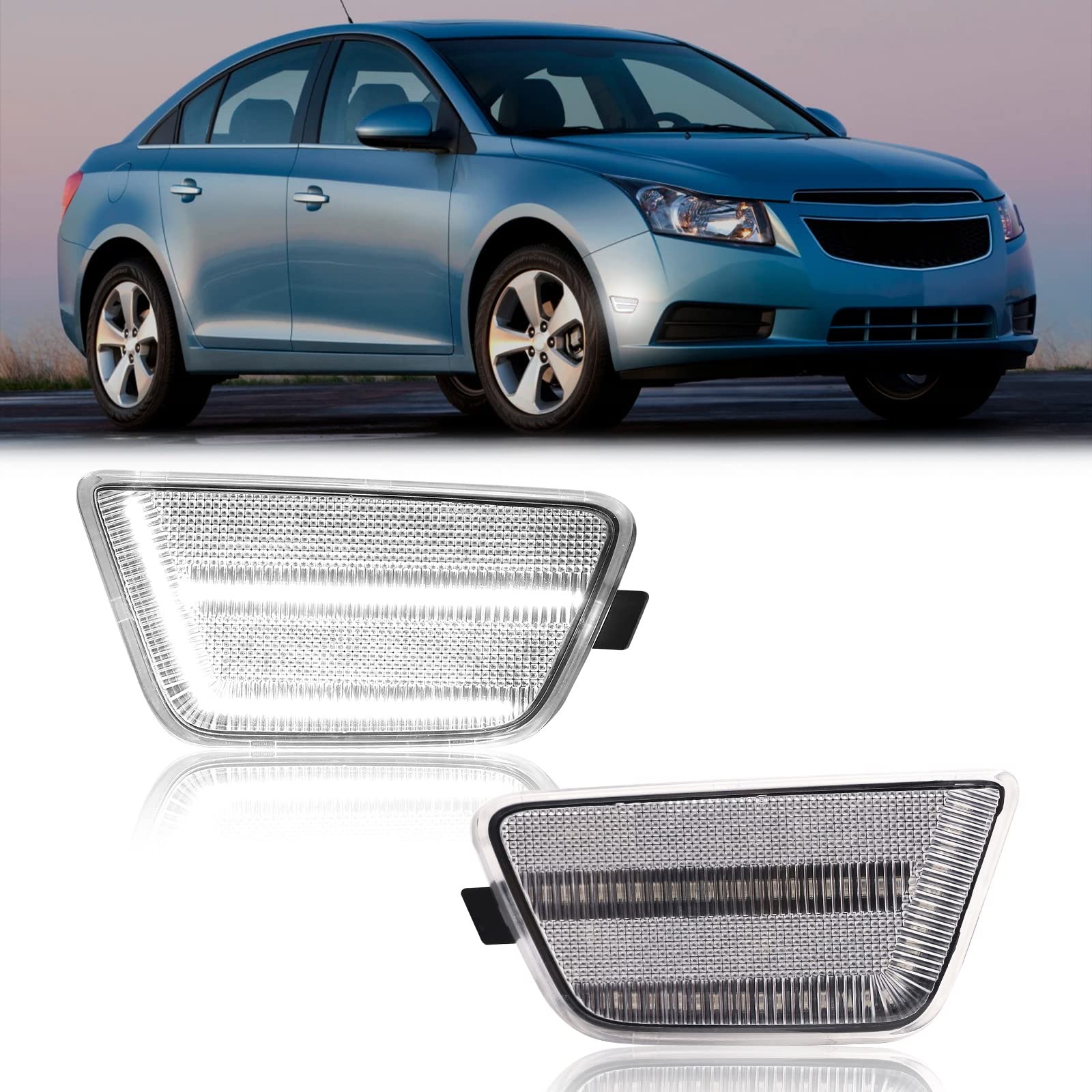 R&F Auto LED Front Bumper Marker Light Compatible with Cruze 2011-2015 Driver and Passenger Side Blinker Lamps Fender Turn Signal Lights Replace OEM# 95186926, 95186927, GM2550198 GM2551198