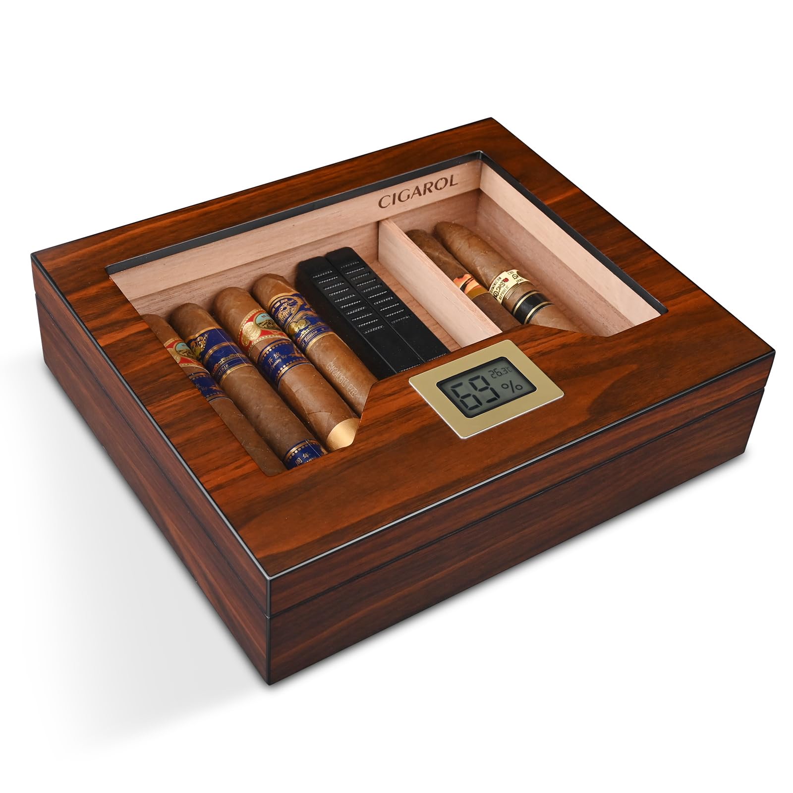 Humidor Cigares 110 Places Bois Cèdre - Avec Hygromètre, Humidificateur, Circulation Air 360°, Idéal Amateur