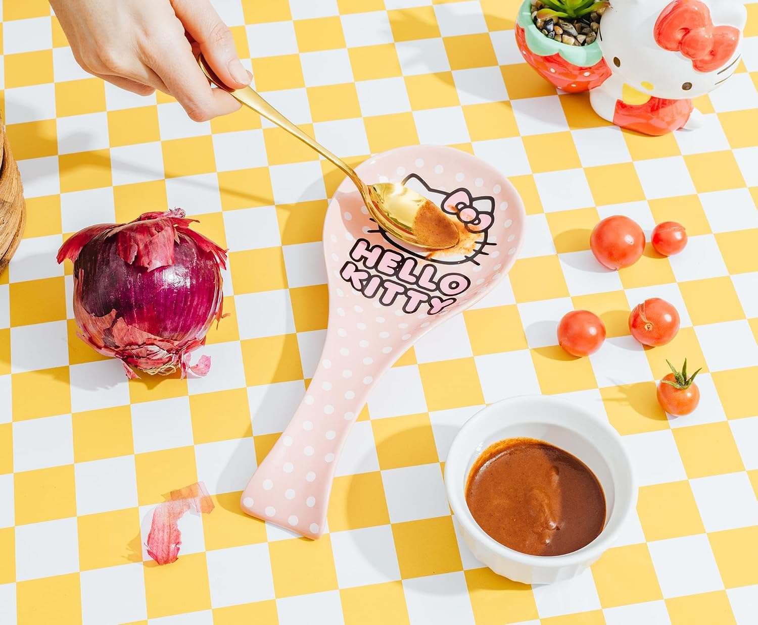 Sanrio Hello Kitty Polka Dots Ceramic Spoon Rest Holder | Kitchen Organizer For Utensils To Keep Countertop Clean