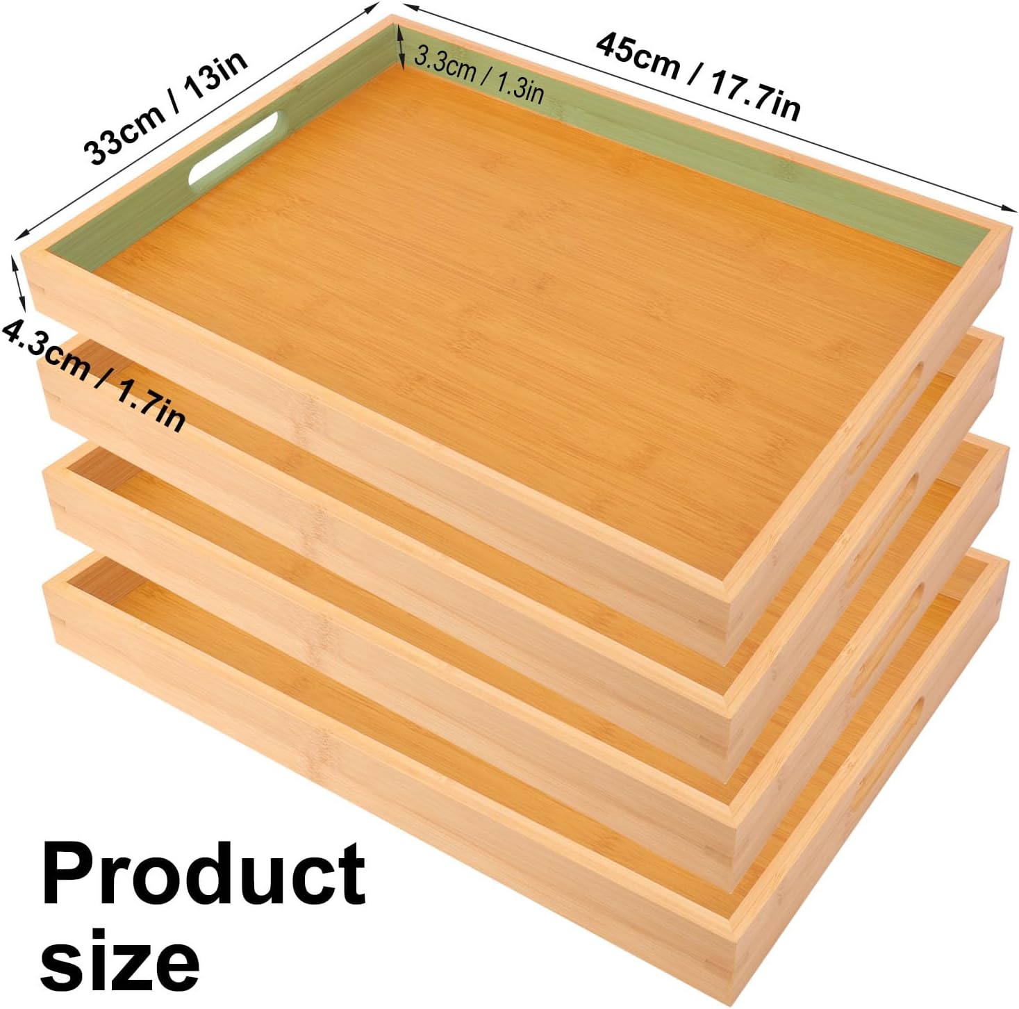 4 Pack Large Bamboo Serving Tray with Handles - 18 x 13 Inch Wooden Dinner Tray, Home Kitchen Decorative Tray, Breakfast Trays for Eating on Couch, Lap Trays, Coffee, Kitchen, Picnic - Image 2