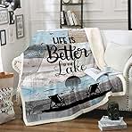 Lake House Fleece Blanket Throw Size, Rustic Farmhouse Throw Blanket For Kids Teens Adult Women, Wooden Barn Door Fuzzy Blanket Ocean Beach Sherpa Blanket Lake House Decor For The Home, Blue Grey