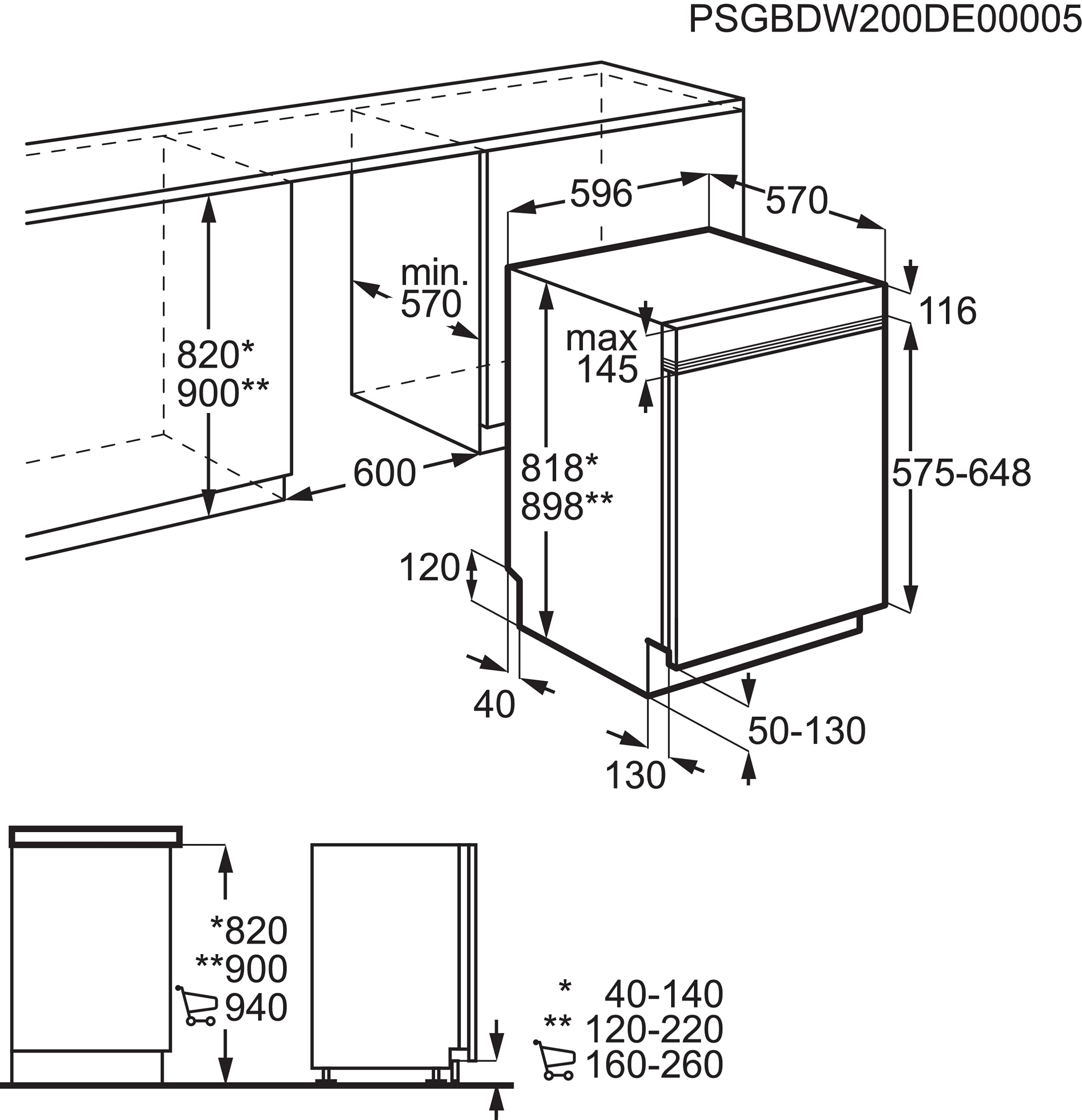 AEG Lavavajillas parcialmente integrado, 60 cm, serie 7000: con protección de cristal, clase energética C, cajón para cubiertos, control de tiempo personalizado, silencioso 42 dB, parada de agua, 15