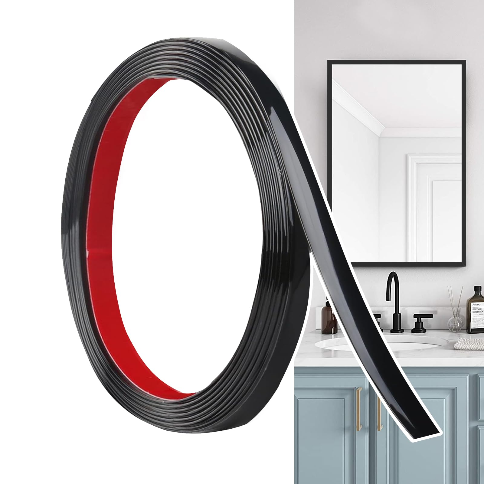 Hengrongshen Self Adhesive Moulding Trim Matte Black (6M x 1cm) Flexible PVC Peel and Stick Wall Trim Decorative Edge Strip for Wall, Tile, Mirror, Window, Cabinet, Bathroom, DIY Trim — image 1