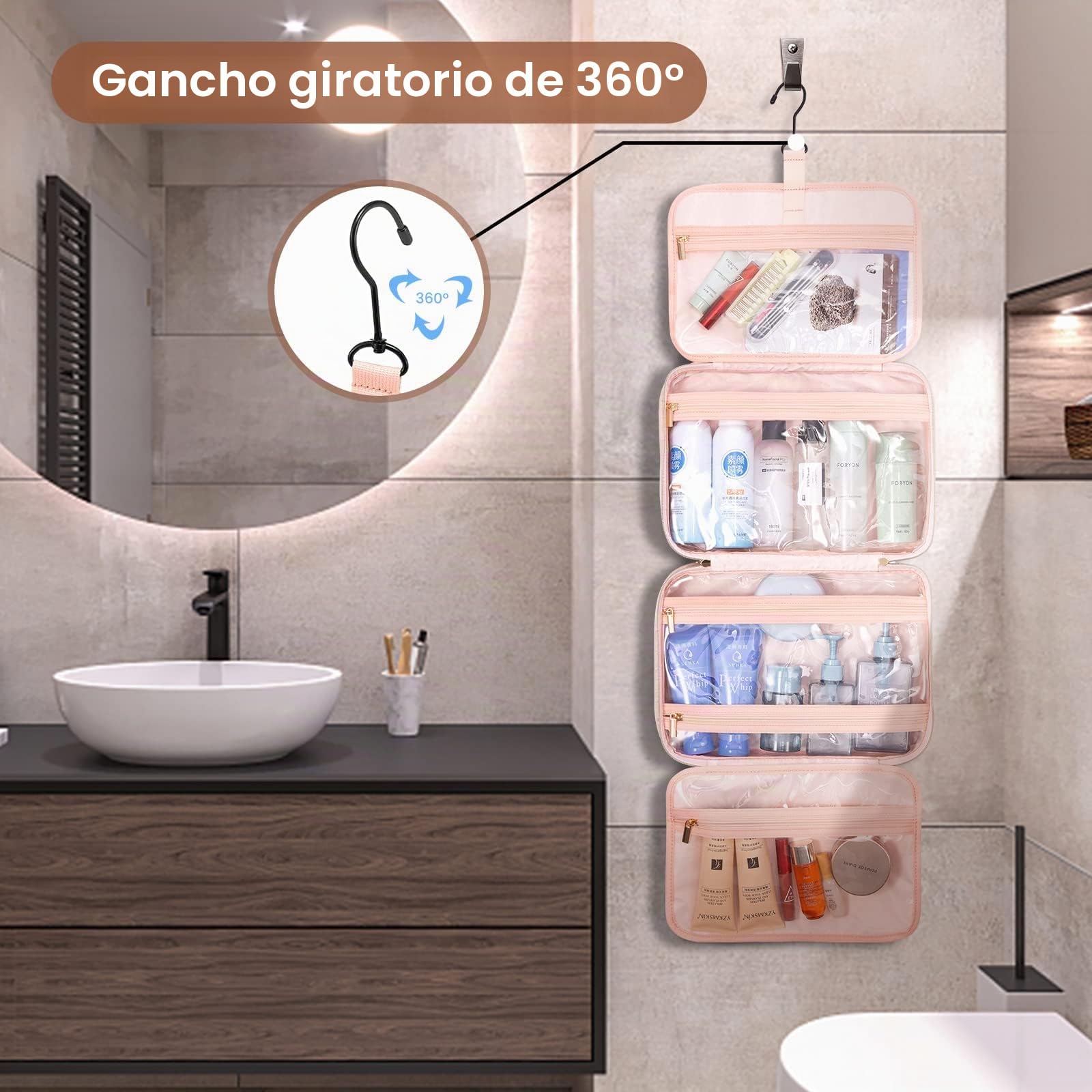 LOVEVOOK Neceser Viaje Mujer, Grande Bolsa de Aseo Colgante Neceser | con Gancho Giratorio de 360°, Impermeable Maquillaje Organizador Viaje Accesorios