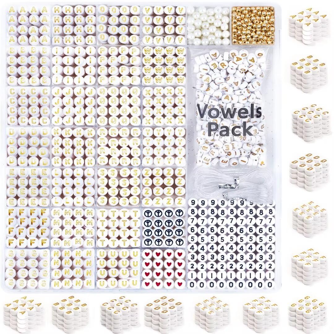 DodoBeads 1650 Pcs Gold Letter Beads for Bracelets - Round White Alphabet Beads with Extra Vowels, Numbers & Spacers - Ideal for Friendship Bracelets,