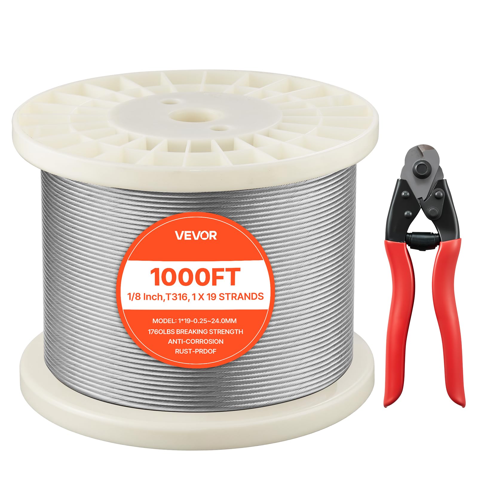 VEVOR 1/8 Inch Wire Rope, 1000 ft Length, 316 Stainless Steel Wire Cable with Cutter, 1760 lbs Breaking Strength, 1 x 19 Strands Construction, Steel