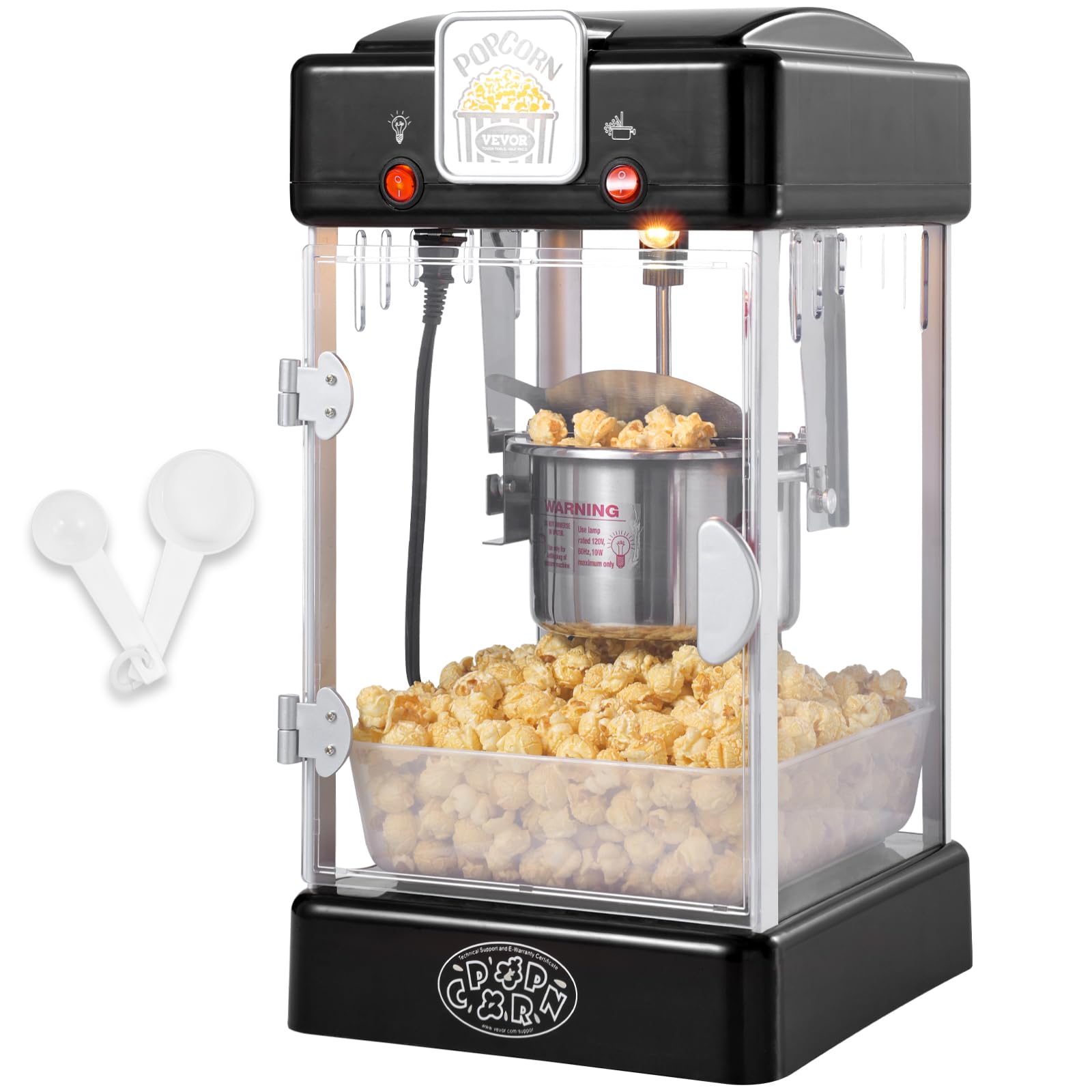 VEVOR Máquina para Hacer Palomitas de Maíz, 300 W, Máquina para Hacer Palomitas de Maíz de Sobremesa con Puerta de Polipropileno, Incluye 2 Palas y Bandeja, Estilo Cine, Negro, 240 x 275 x 475 mm