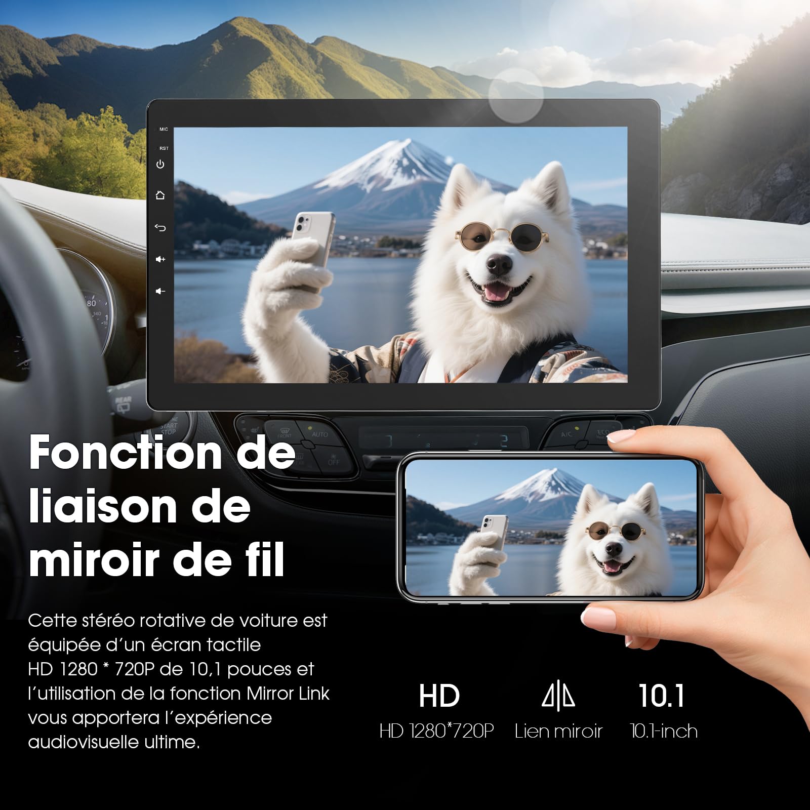 Haudio 360° Autoradio Rotatif, Auto Stereo 1 Din, Écran Tactile IPS 10.1 Pouces avec Carplay sans Fil et Android Auto, Car Play avec Caméra de Recul|Radio FM|Lien Miroir|Navigation GPS|Commande Vocale