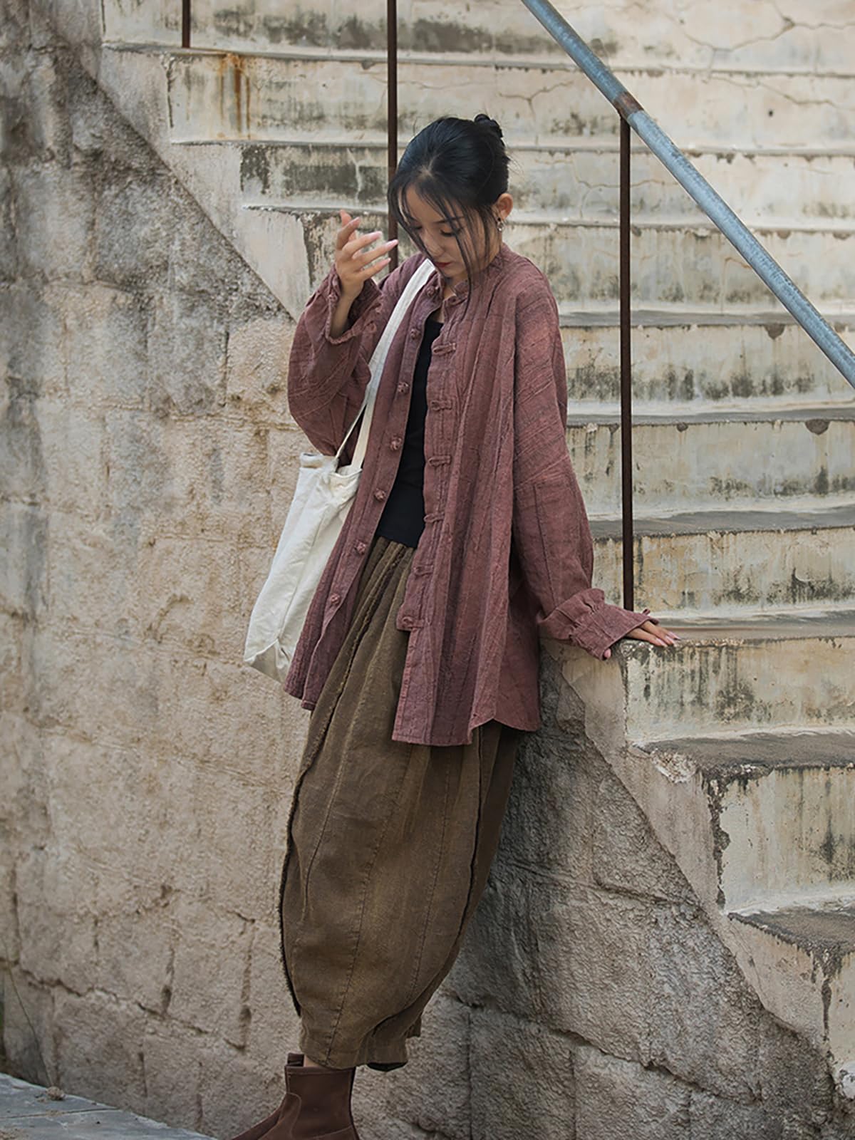 Camicie di lino da donna Camicette Oversize Kimono Vintage Giacche a maniche lunghe Vestibilità ampia Cinese Rana Pulsante Cape Trench Top