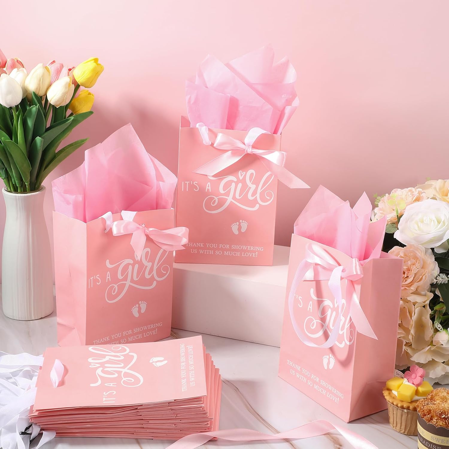 Qilery 50 Sets 8" Baby Shower Favor Bags It's a Girl Gift Bags with Handle Tissue Paper and Ribbon Bow Pink Baby Shower Party Favors for Guests Gender Reveal Birthday Supplies