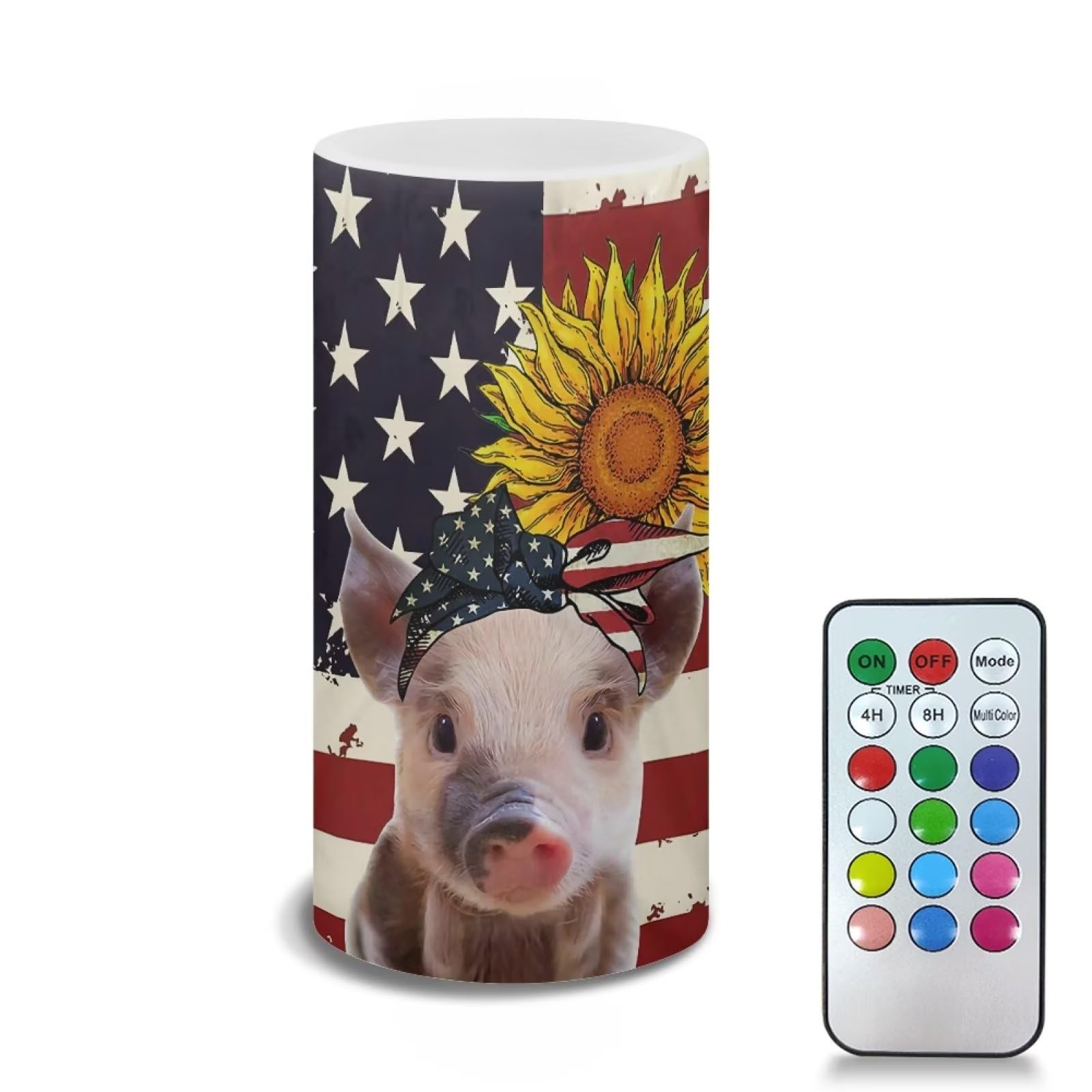 Xoenoiee Sunflower Pig US Flag Print Flameless Candles Outdoor Indoor, Battery Operated Candles with Remote & 4/8H Timer for Home Decor