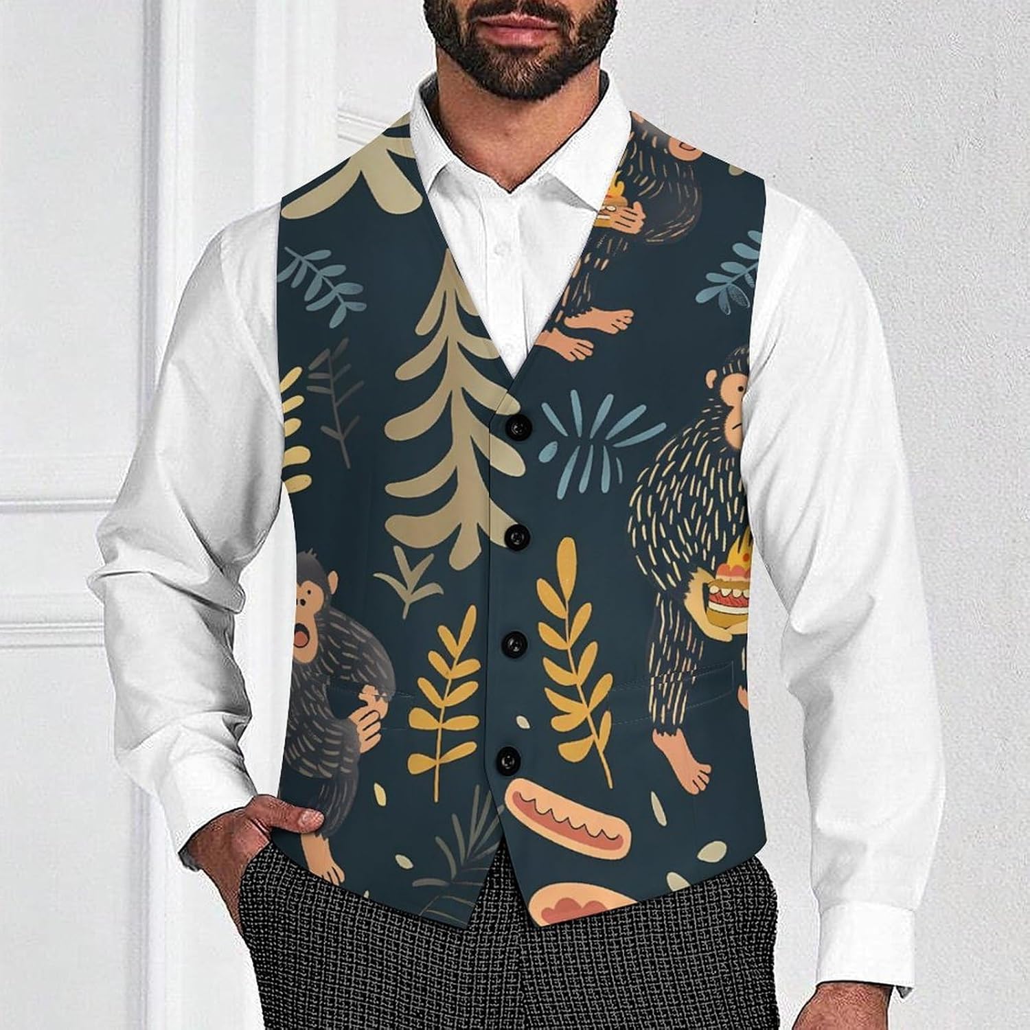 Bigfoot Camping Party Mens Suit Vests V-Neck Casual Vest Dress Formal Tuxedo Wedding Waistcoat