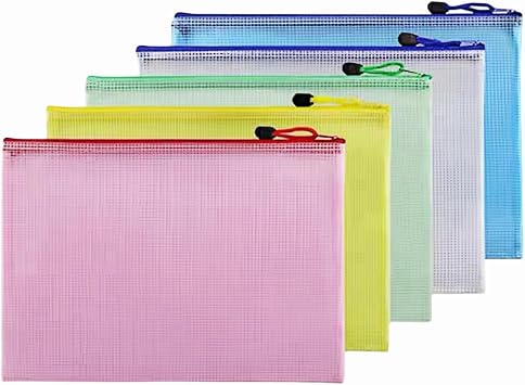 Plastic Wallets File Folder A4 Zip Lock Bags Mesh Document Plastic Pockets Zipper File Wallet for Homework Office School Supplies 5Pcs